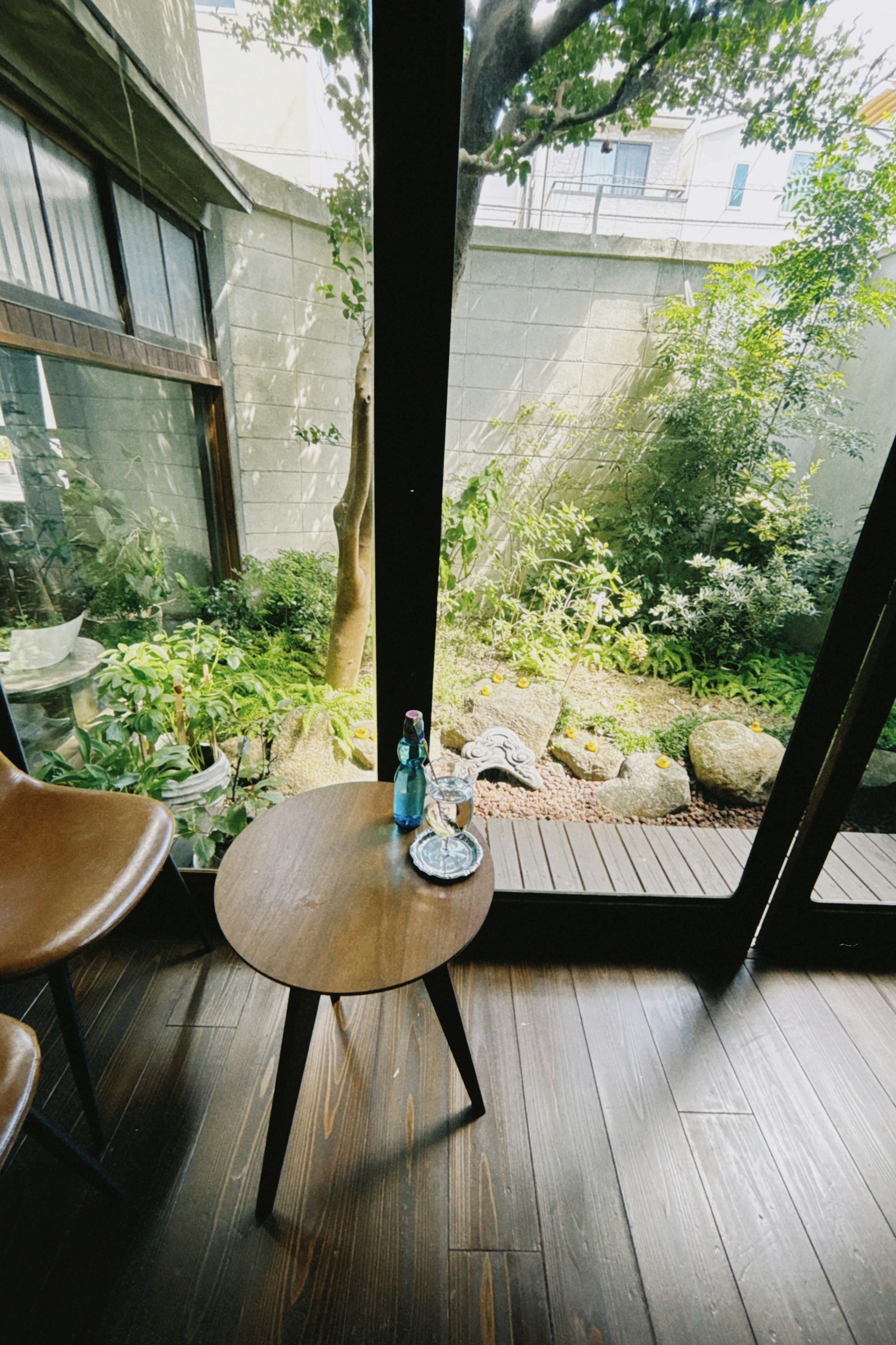 Bright indoor view of a lush garden visible through glass doors Wooden table with a drink and glass Natural light illuminating the space