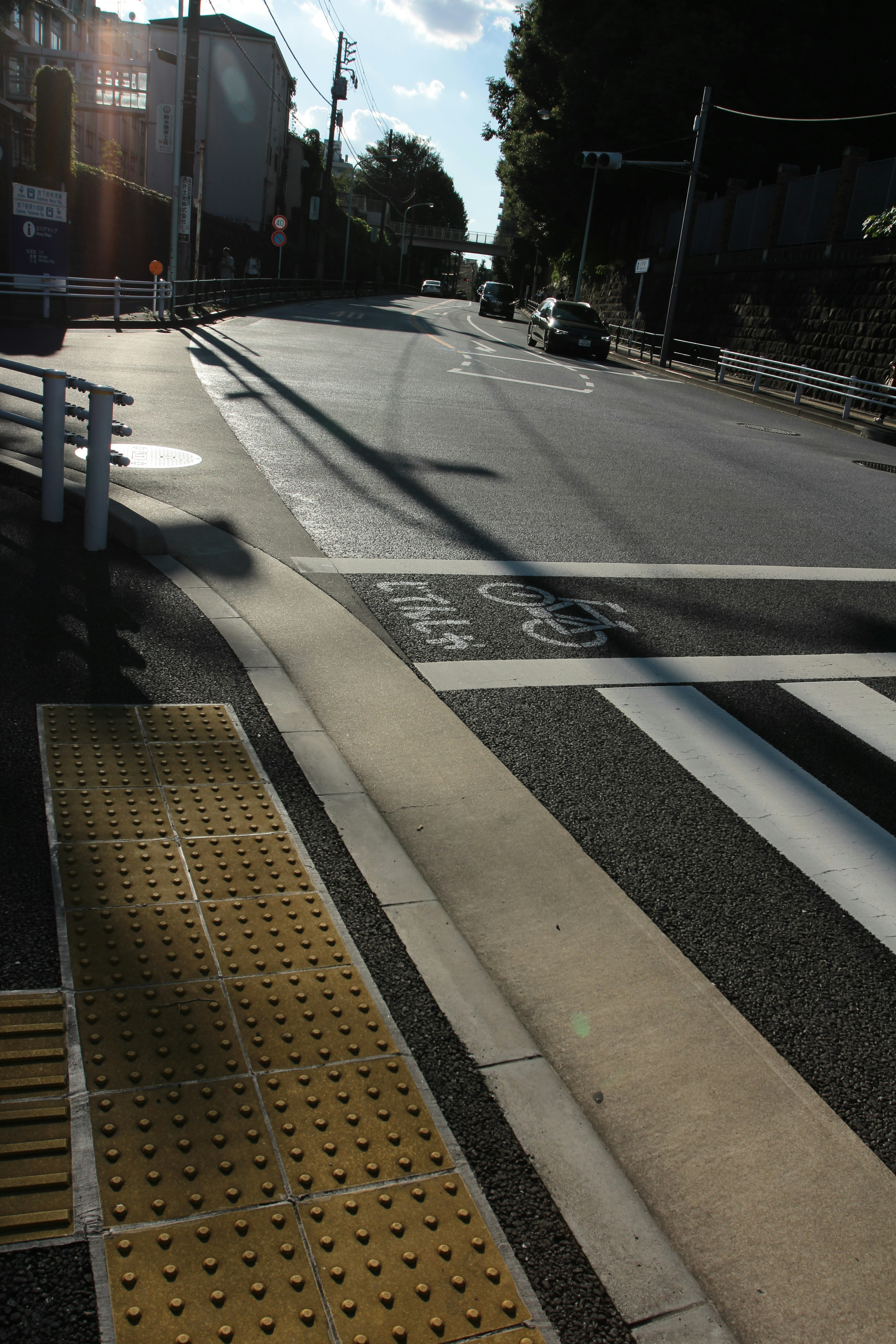 Scène de rue calme en journée avec piste cyclable et trottoir visibles