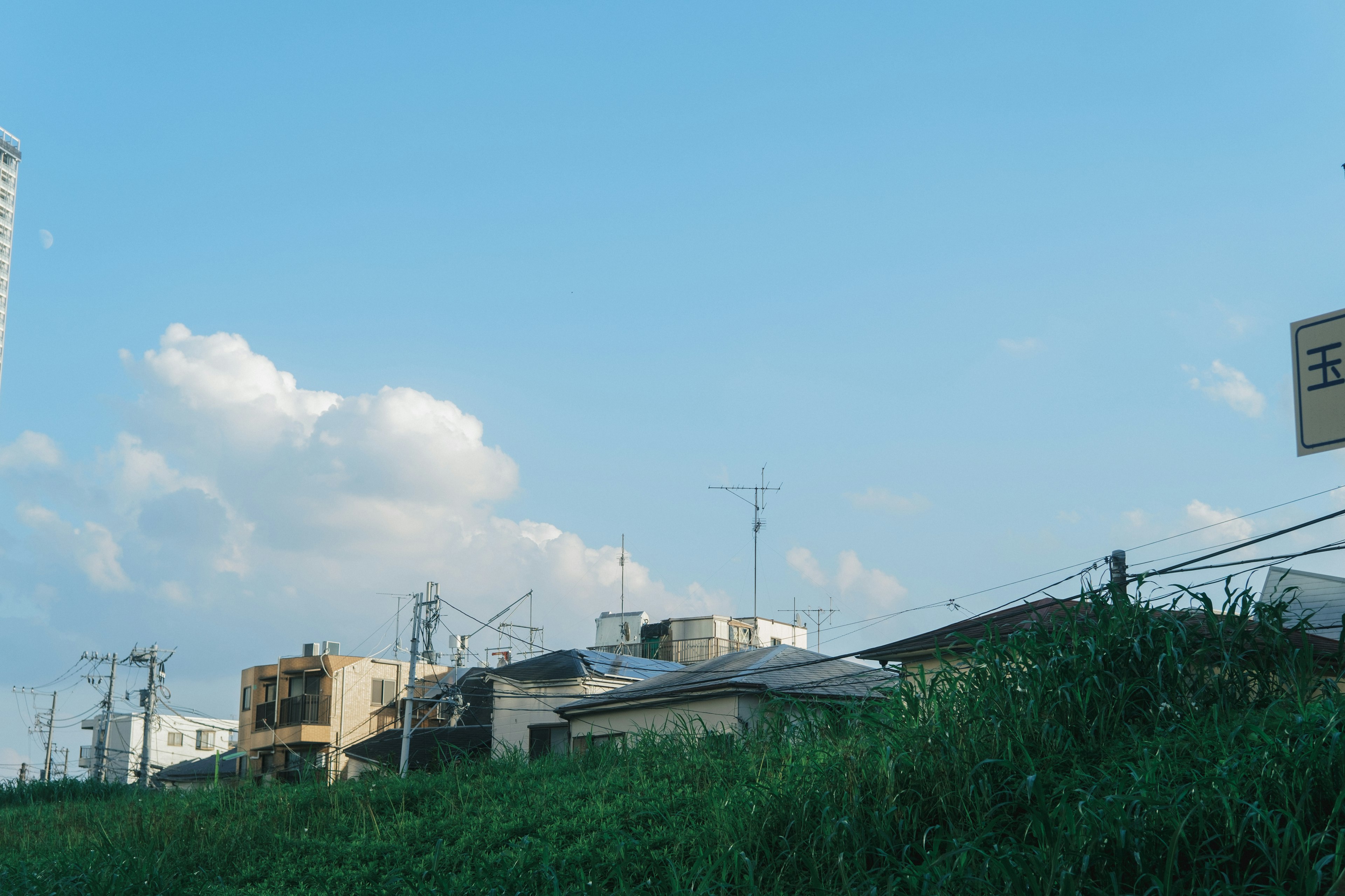 Pemandangan dengan bangunan dan rumput di bawah langit biru