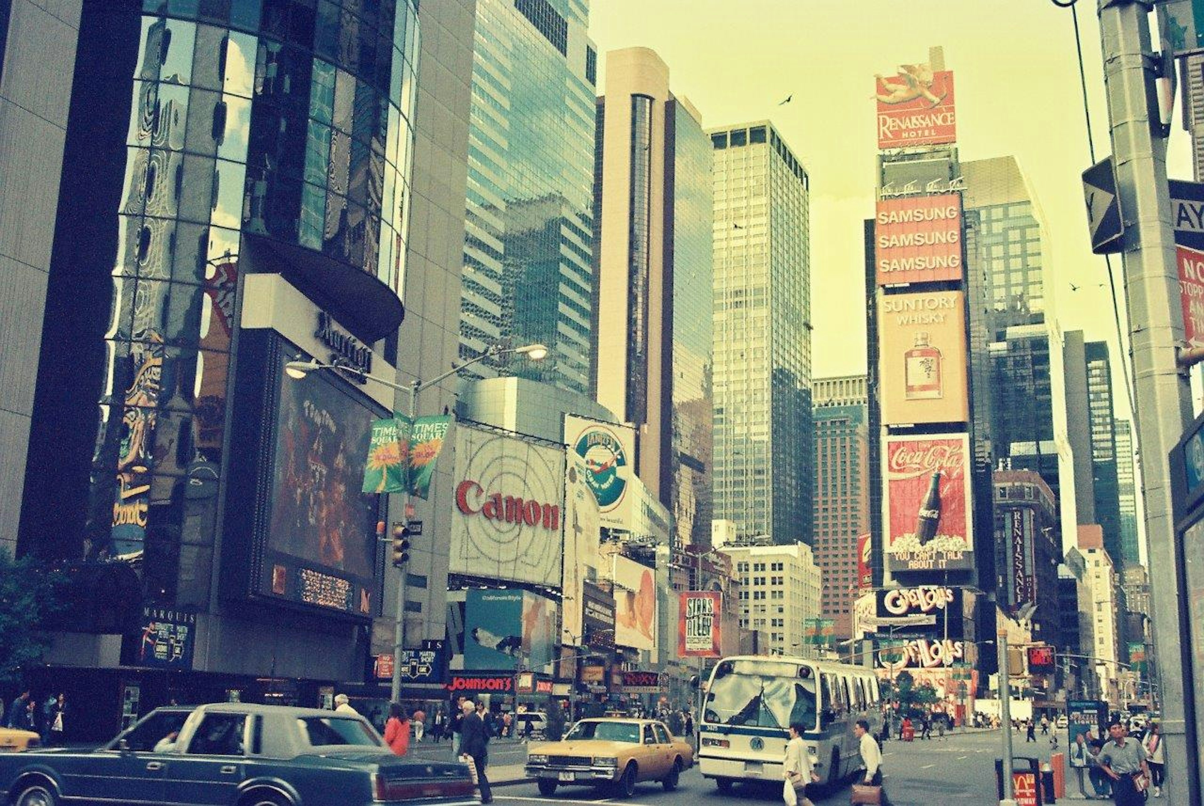 Vibrant street scene of Times Square with towering skyscrapers