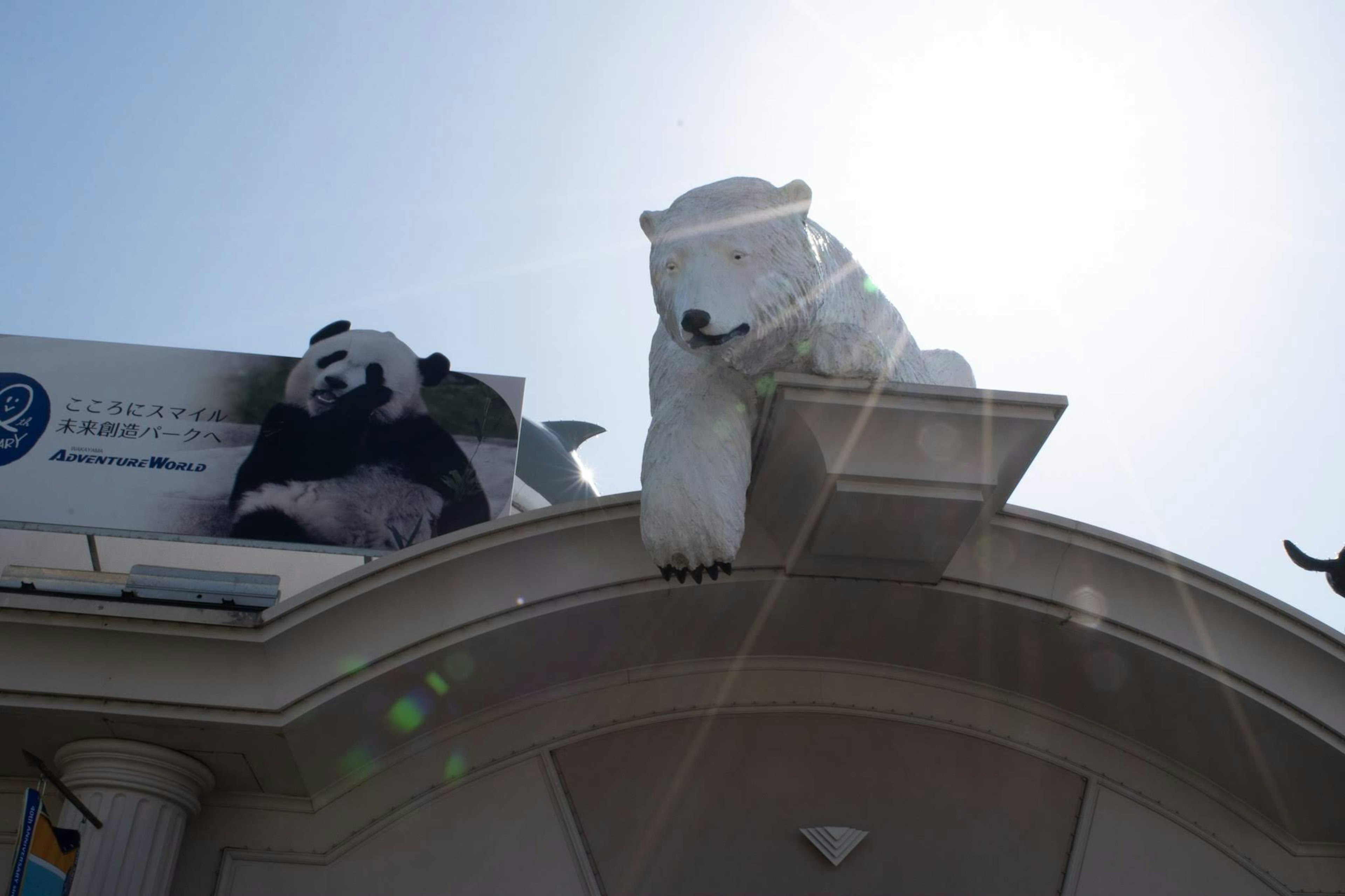 Sculptures of a panda and a polar bear on a rooftop