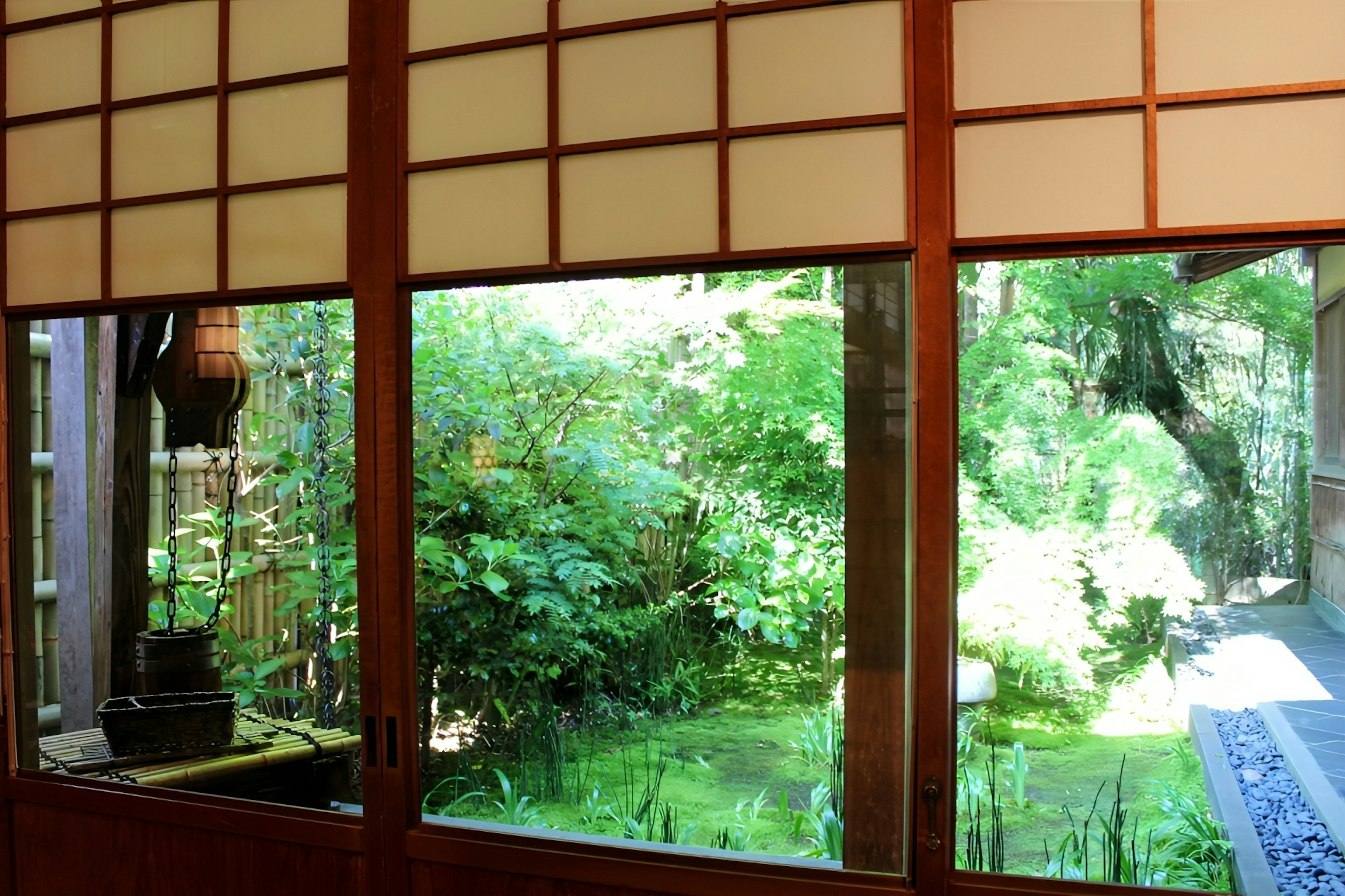 Wooden window showcasing a lush green garden view