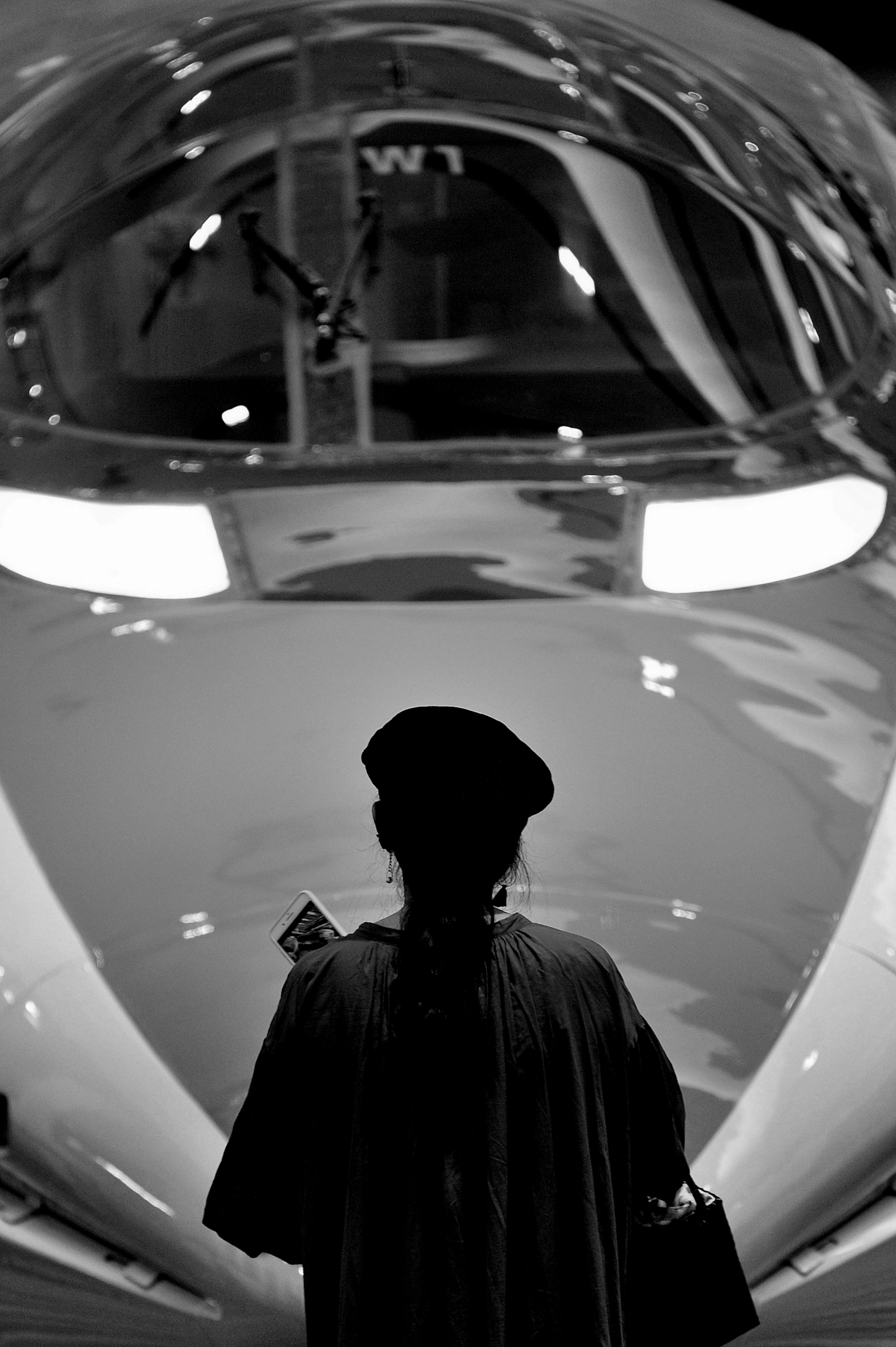 Silhouette of a person standing in front of a Shinkansen train in black and white