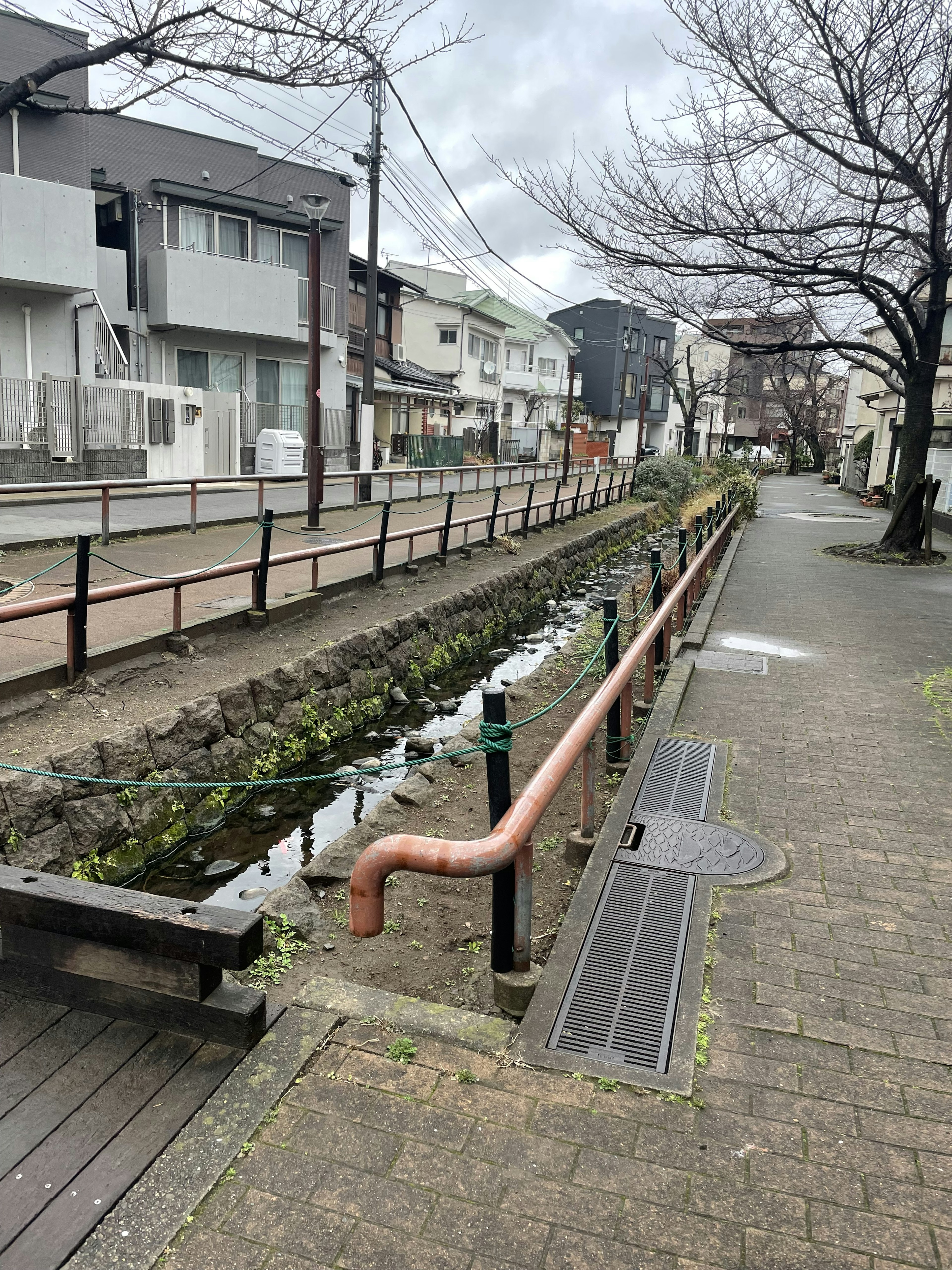 Scenic view of a small stream in a residential area with muddy water and visible grass