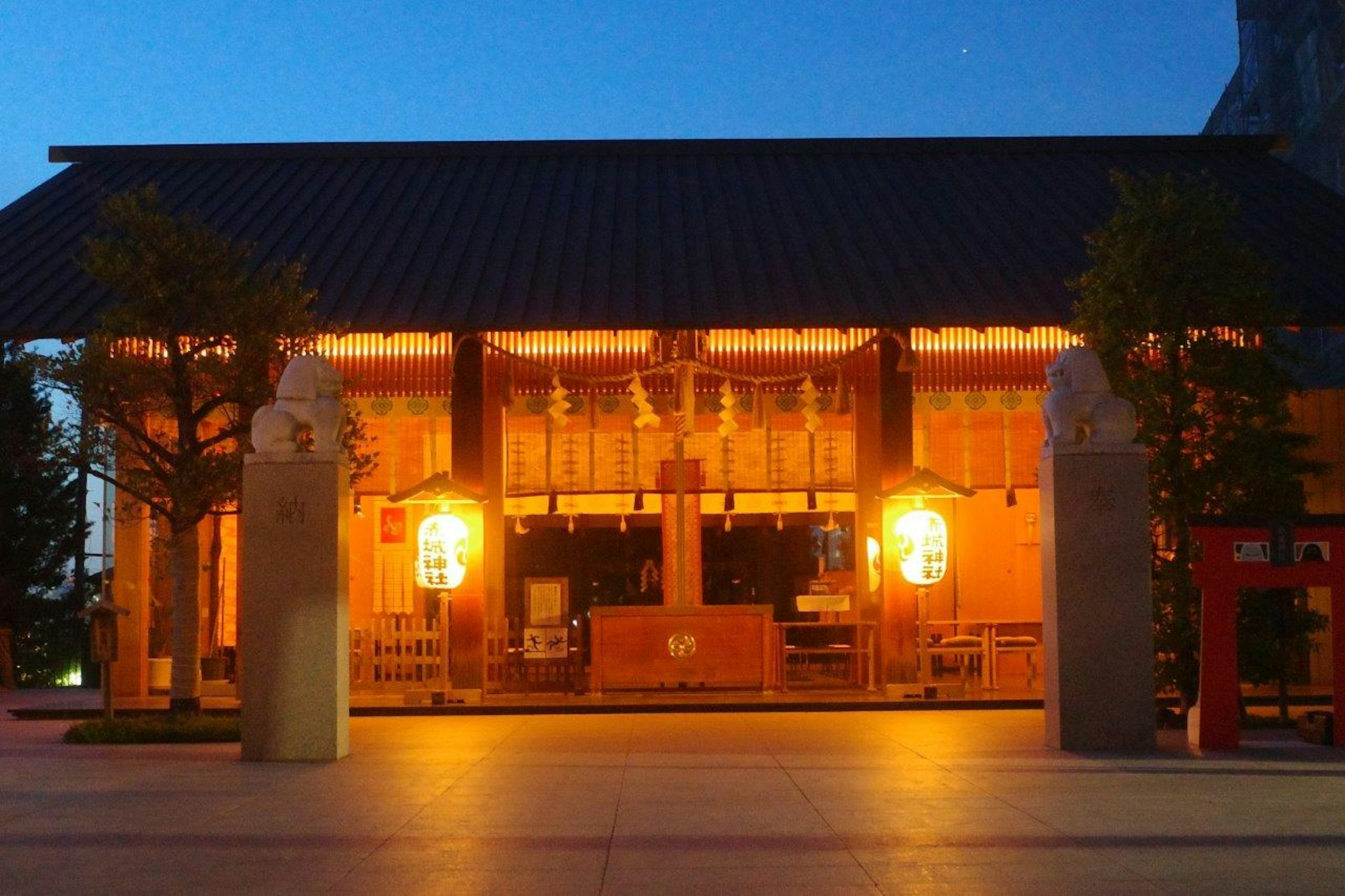 夜の神社の美しい景色、温かい光が灯る建物、周囲の木々