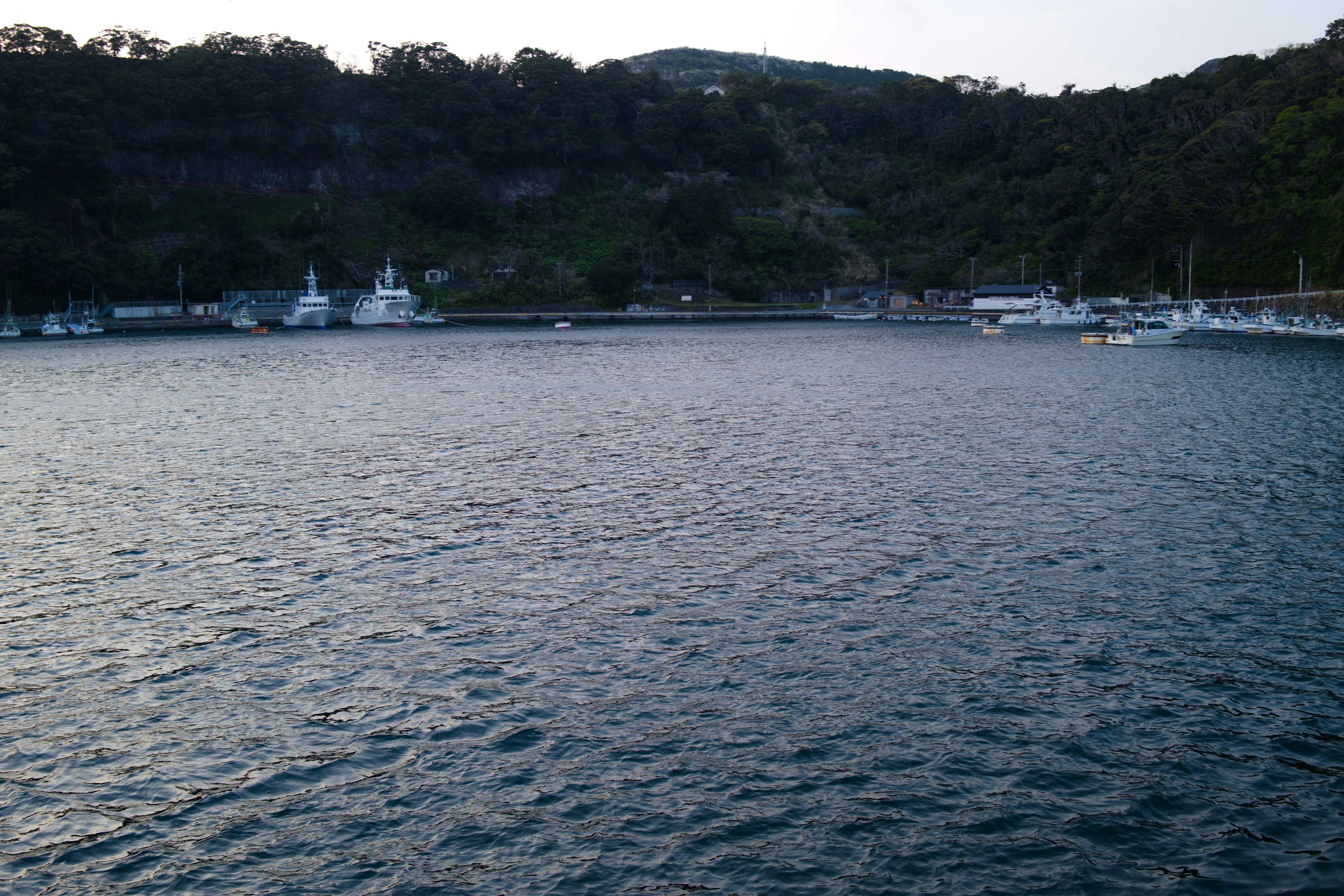 ทิวทัศน์ของท่าเรือที่เงียบสงบพร้อมเรือและภูเขา