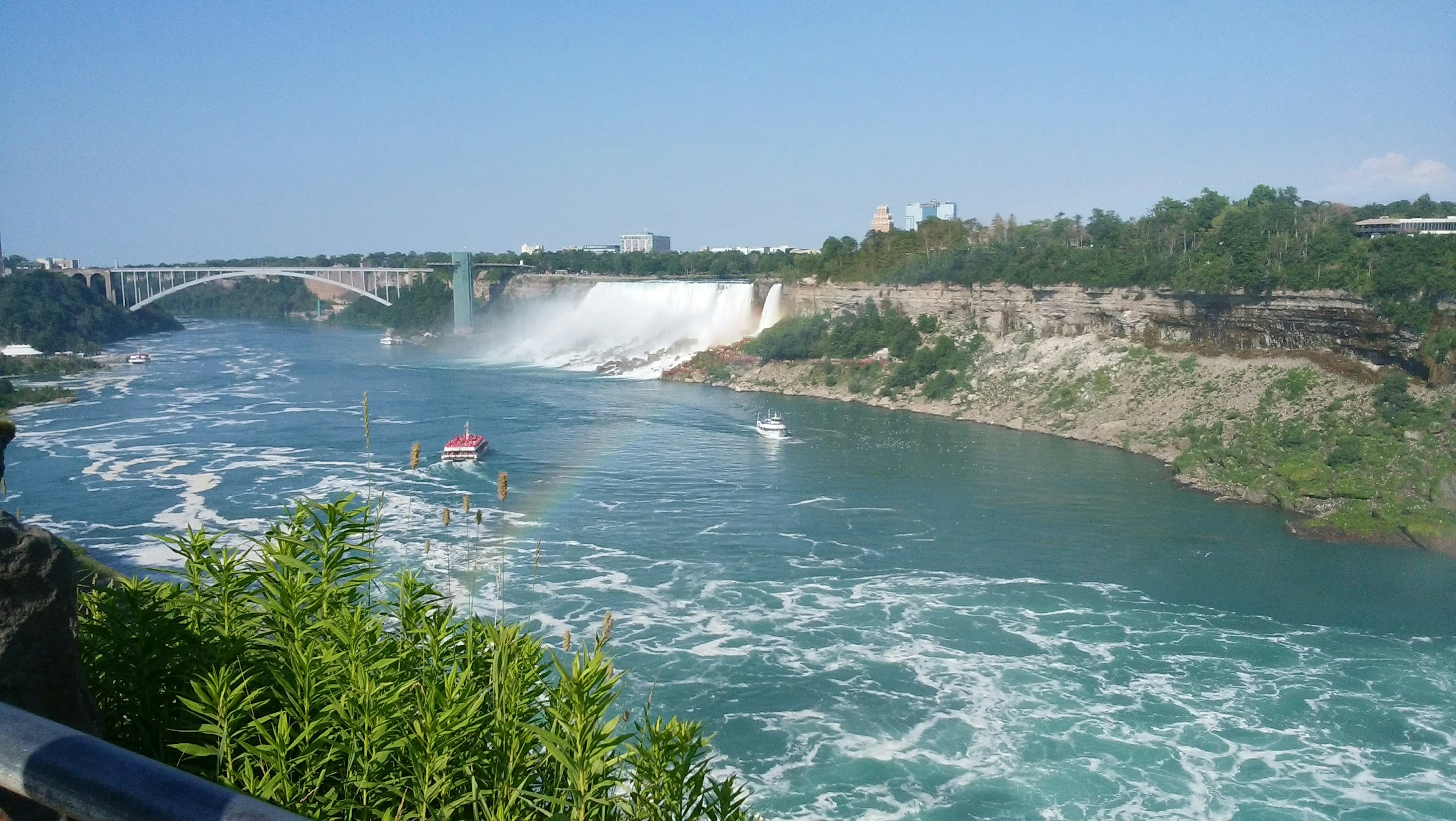 Vista spettacolare delle cascate del Niagara con rive lussureggianti e un arcobaleno che si riflette nell'acqua