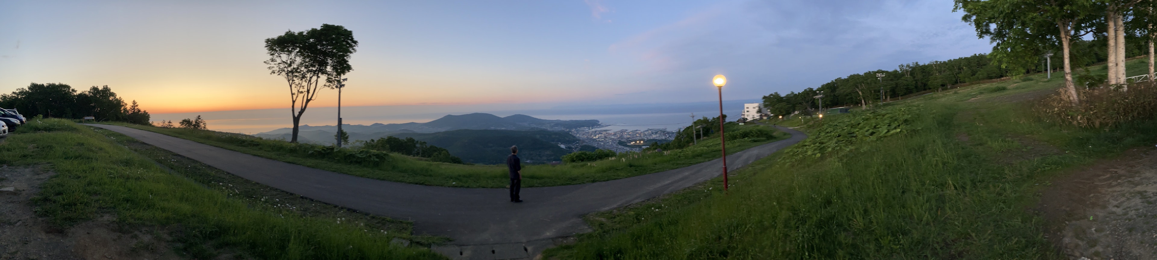 海岸日落的全景綠色草地與交叉的小路附近的樹木和燈光