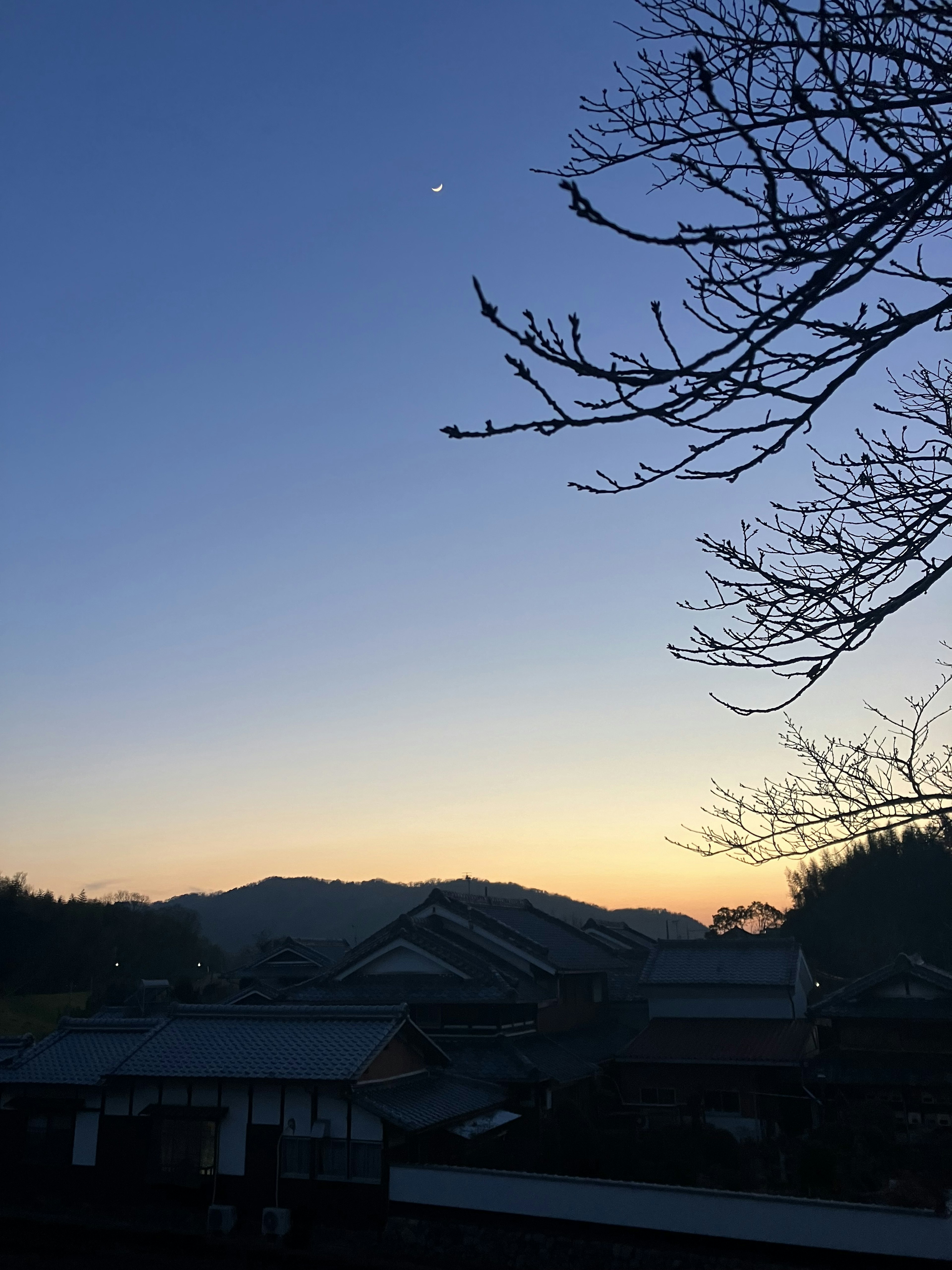 Ciel crépusculaire avec une lune croissante et des silhouettes de montagnes