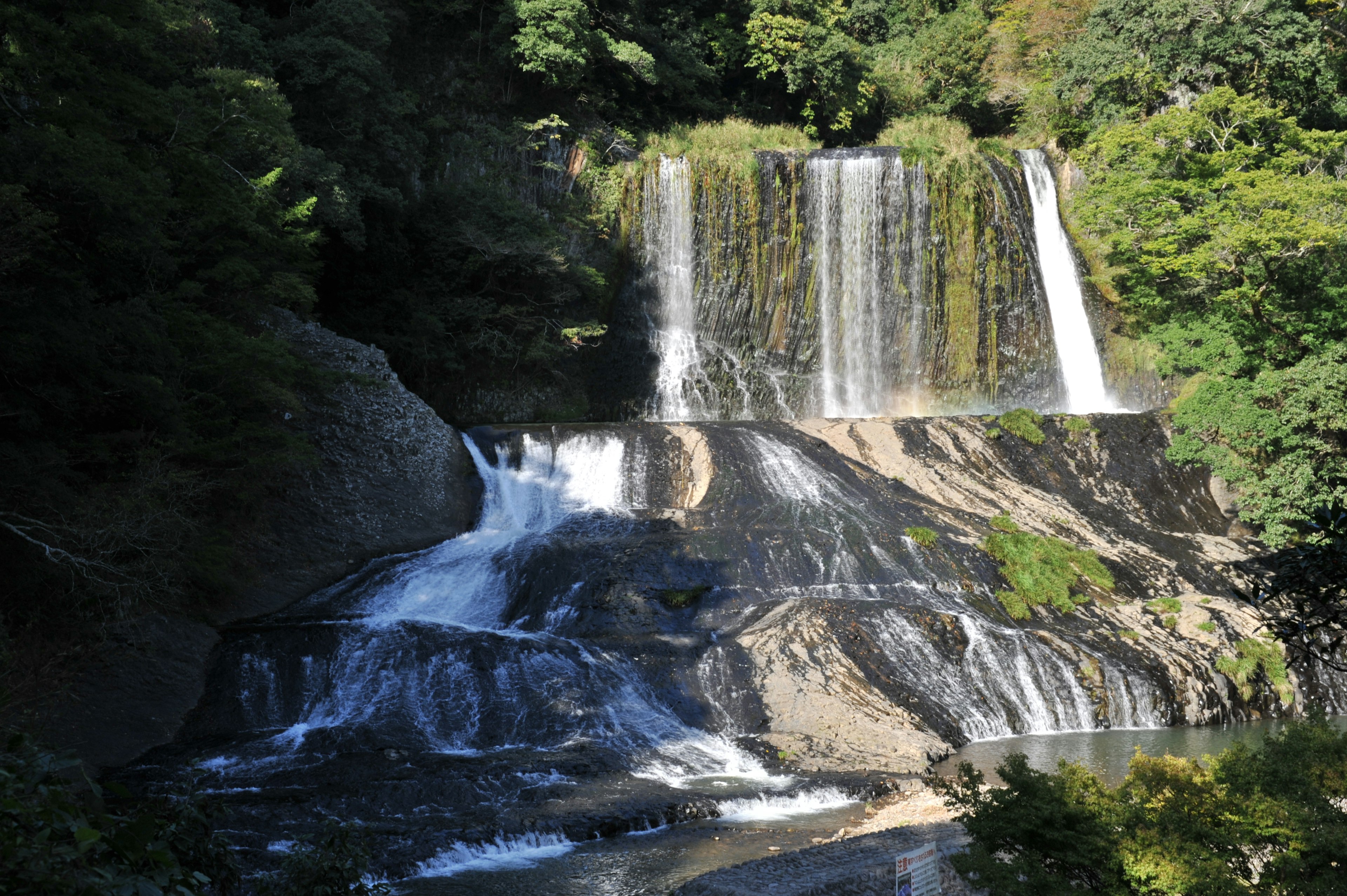 Cascata panoramica circondata da una lussureggiante vegetazione che scorre su terreno roccioso