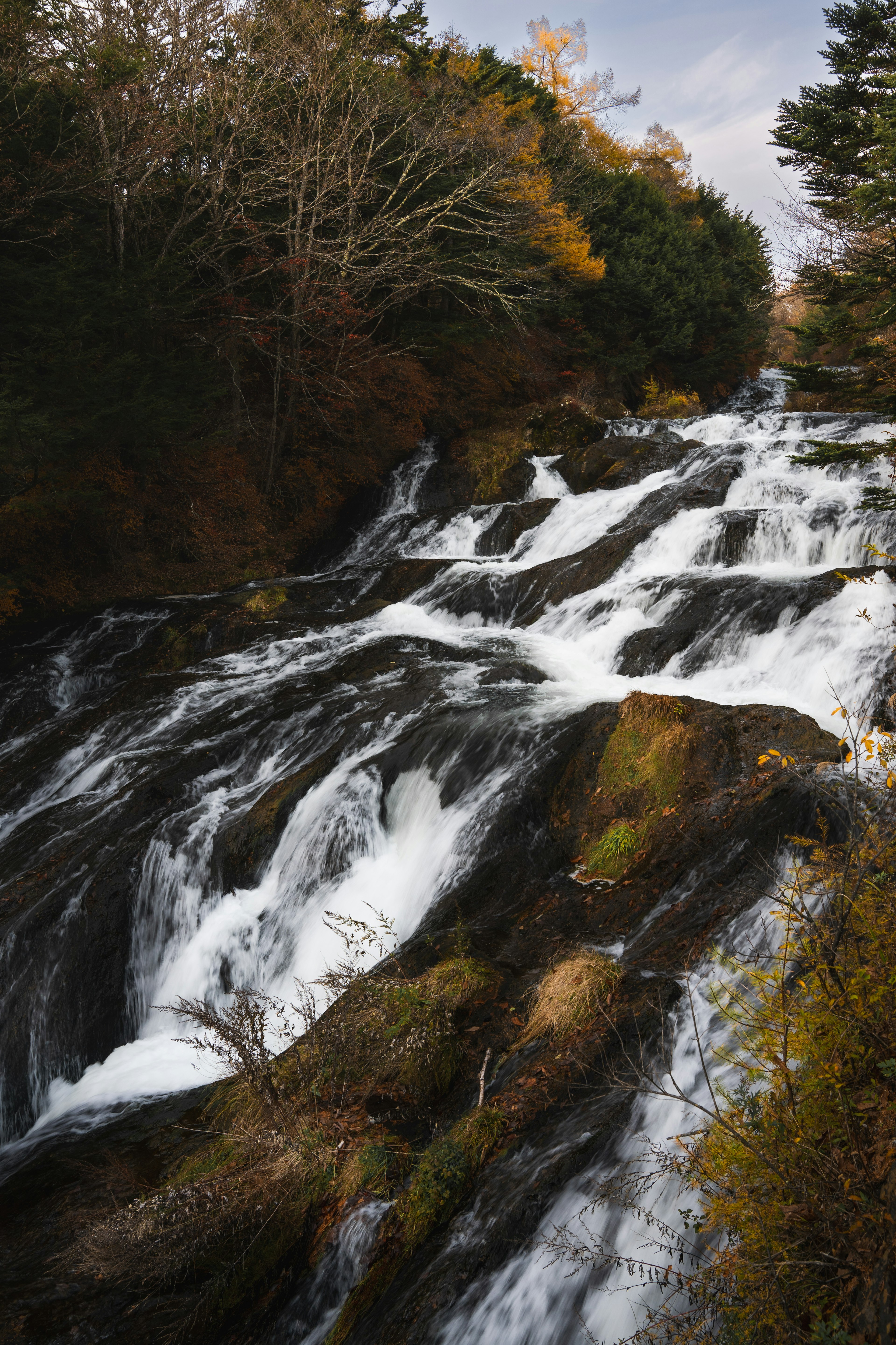 Wundervoller Wasserfall, der über Felsen fließt, umgeben von herbstlichem Laub