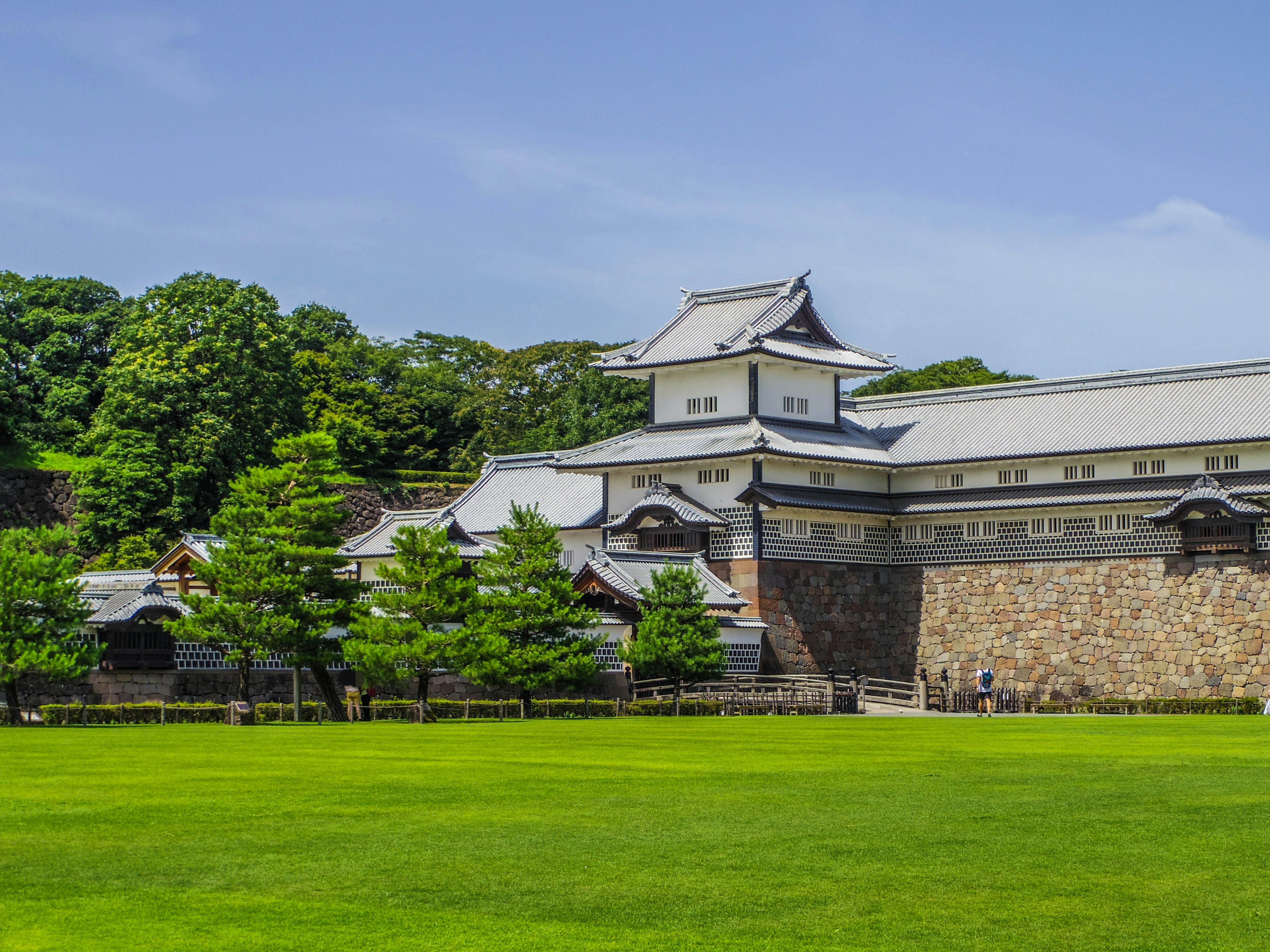 Magnifique château japonais avec paysage de pelouse verte