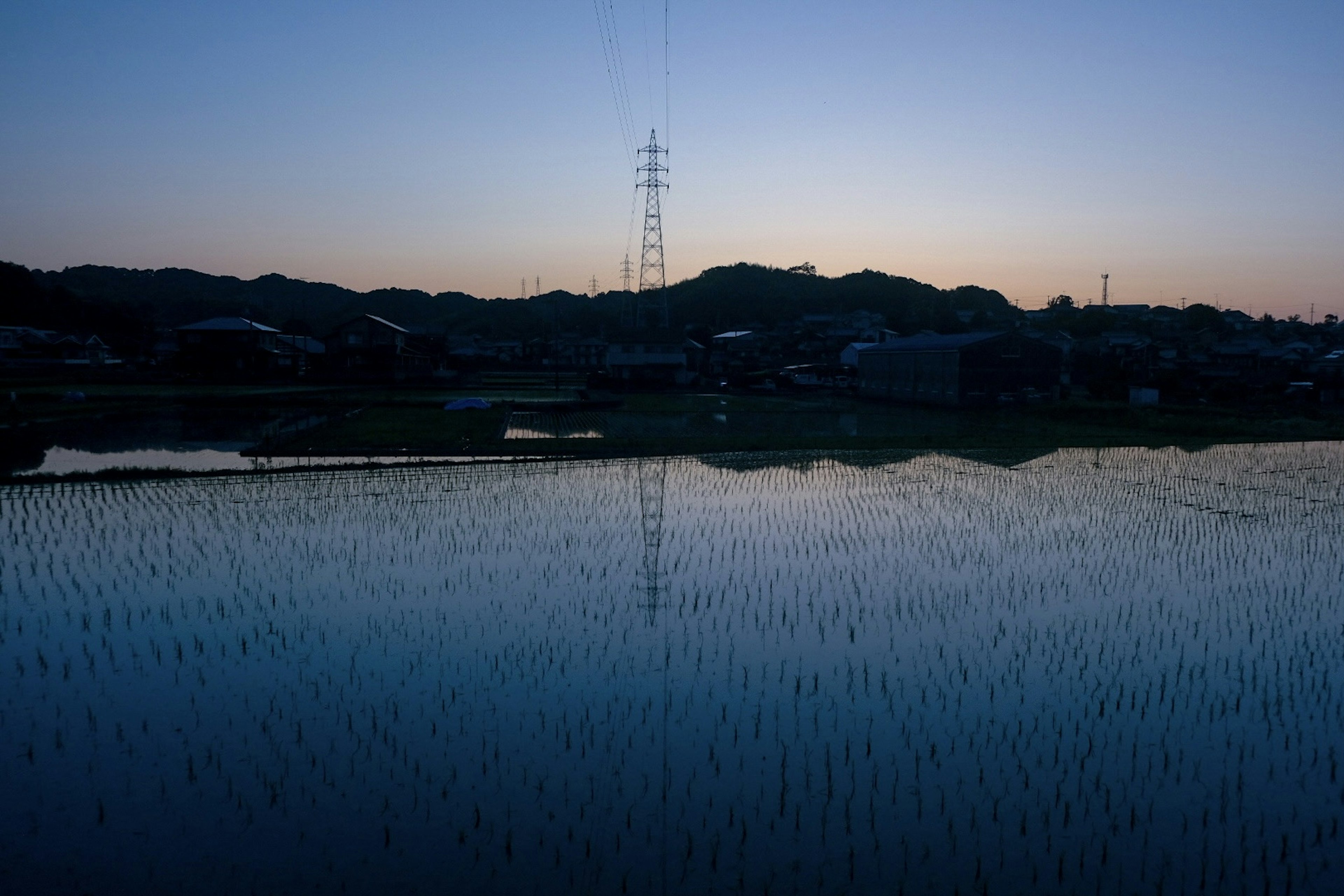 夕暮れ時の田んぼと山々のシルエットが映る風景