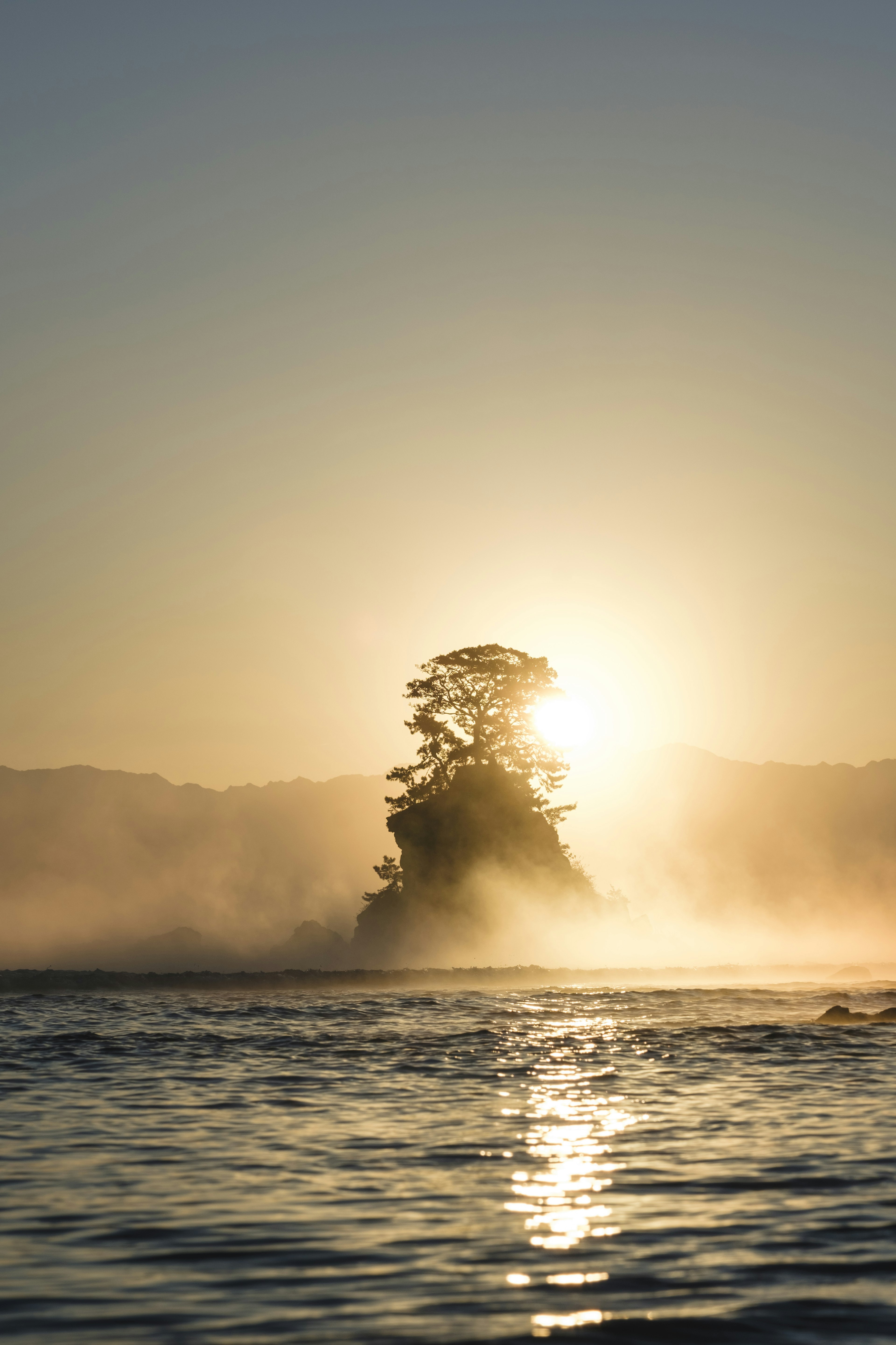 Île avec un arbre silhouette contre le soleil levant sur l'eau