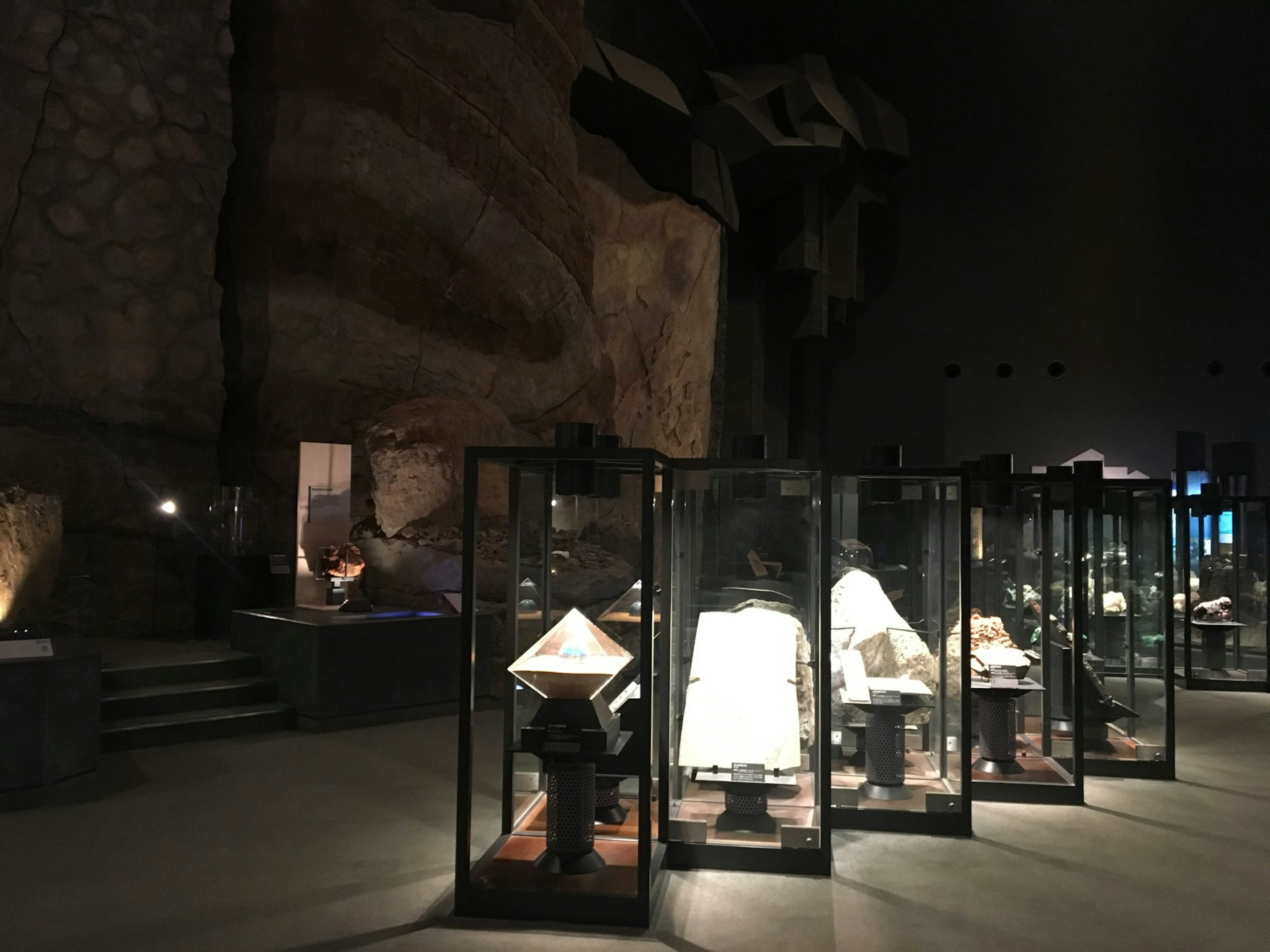 A dimly lit museum exhibit featuring ancient artifacts displayed in glass cases