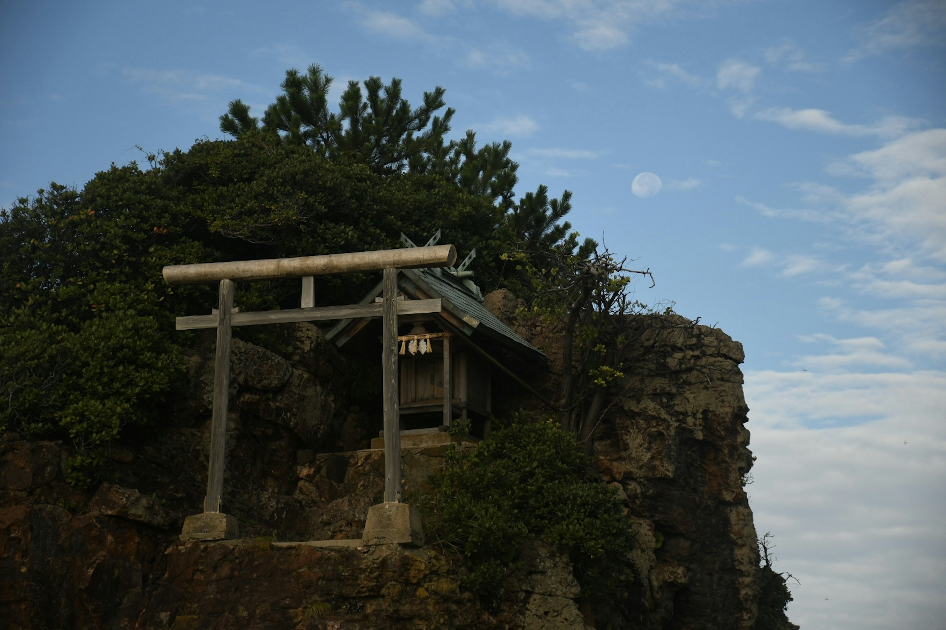 Ein Torii auf einem Felsen mit umliegendem Grün