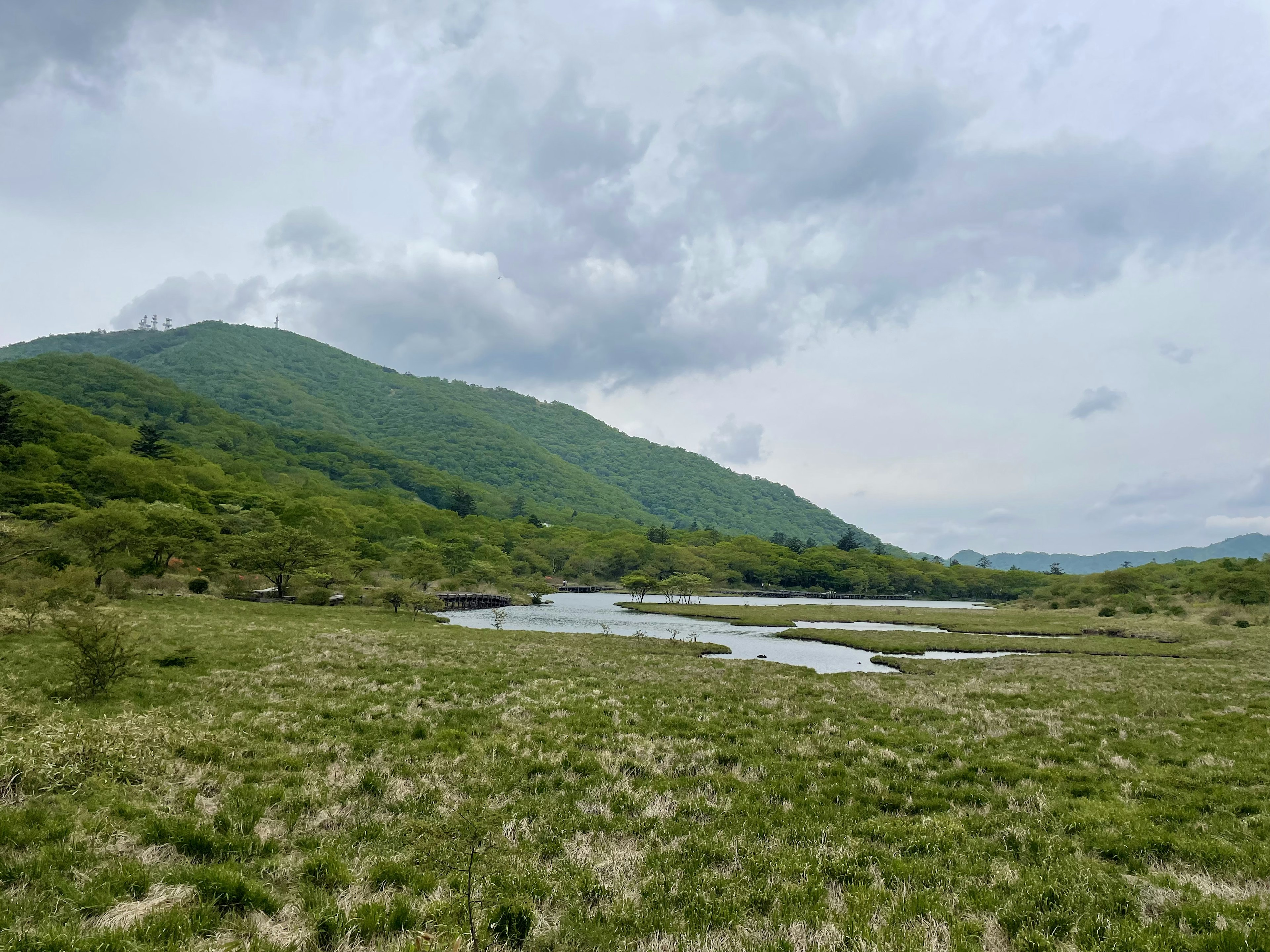 緑の山々と穏やかな川が流れる風景