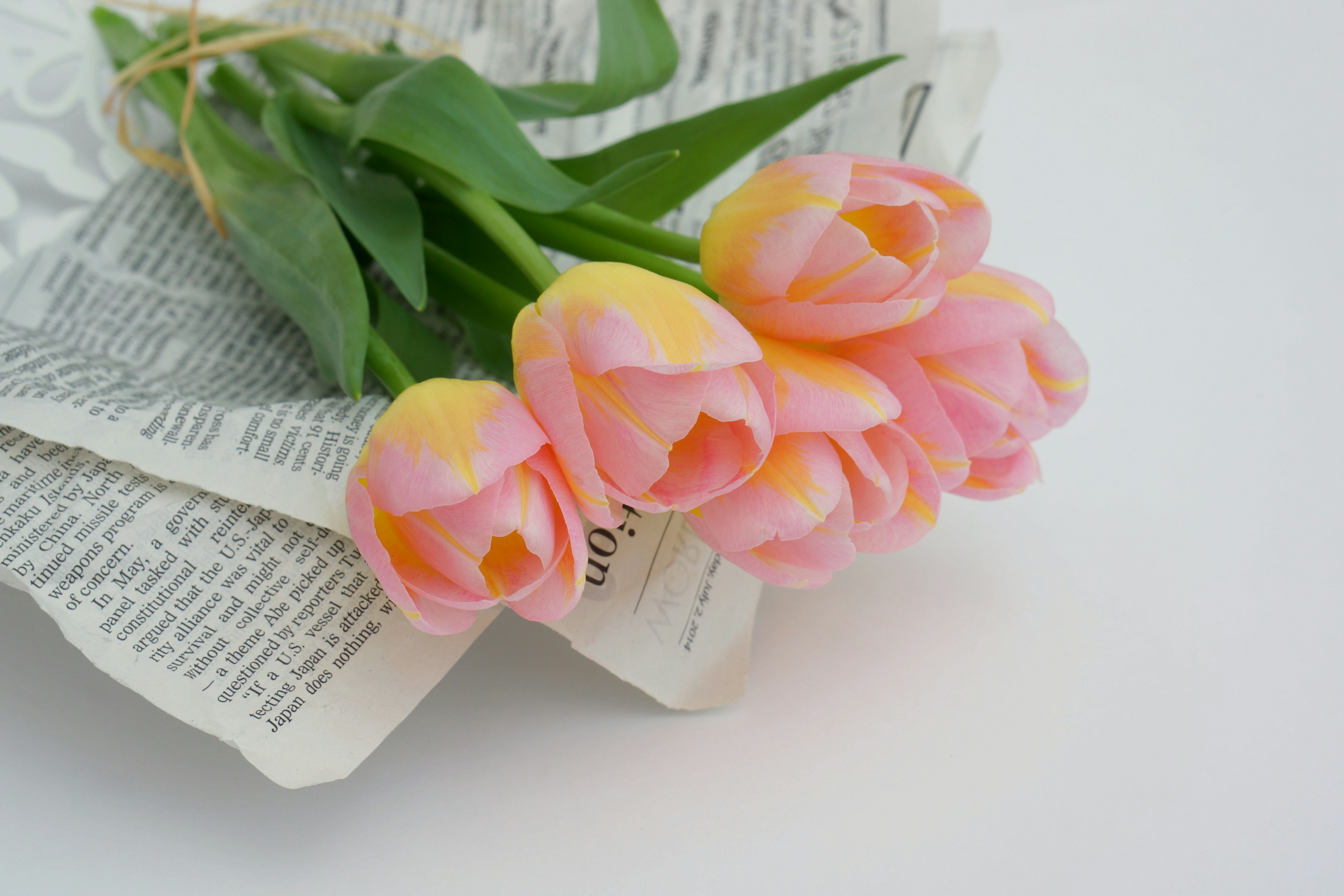 Un bouquet di tulipani rosa morbido appoggiato su giornale