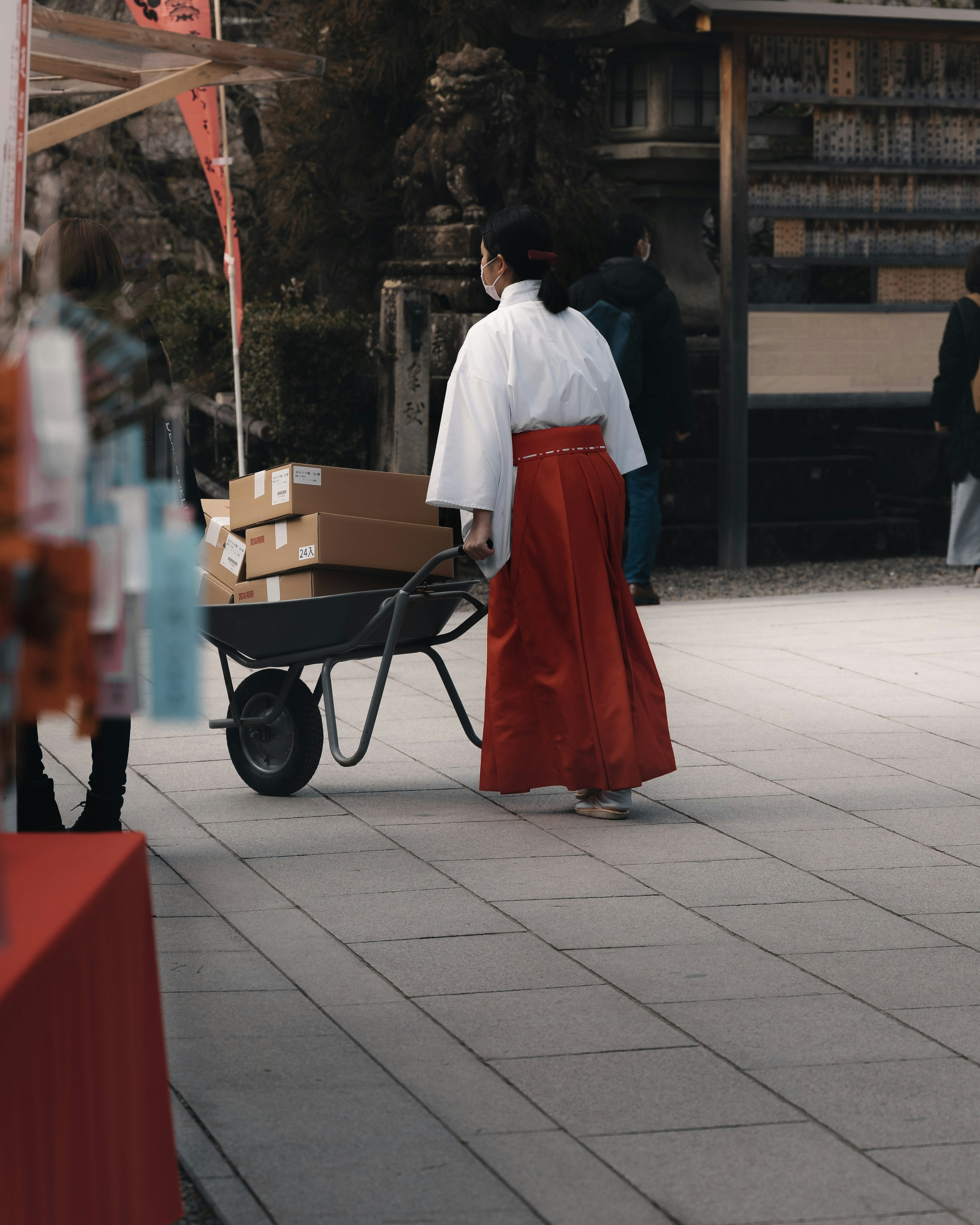 Femme en jupe rouge poussant un chariot avec des boîtes