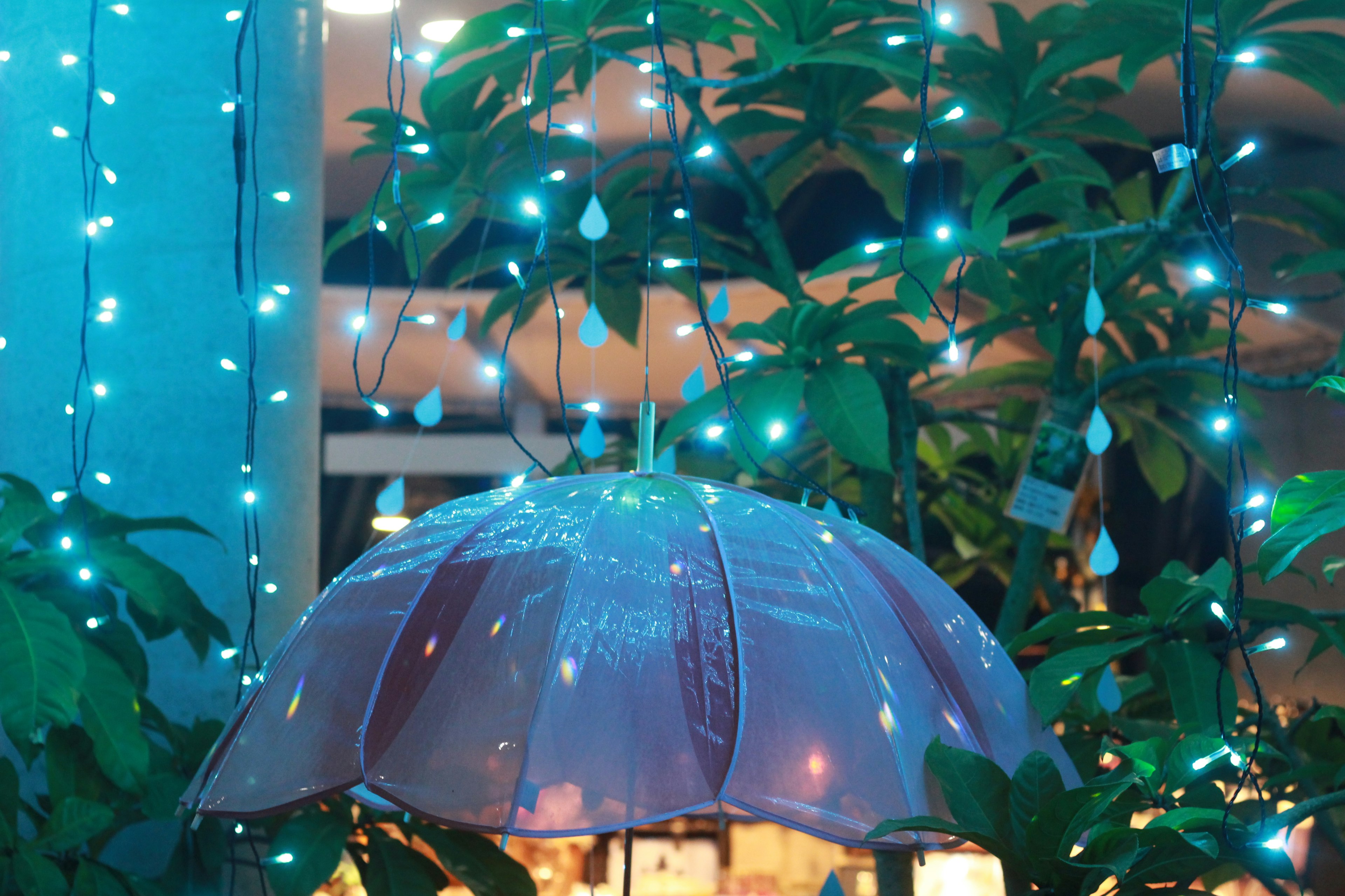 Un paraguas iluminado rodeado de luces azules y vegetación