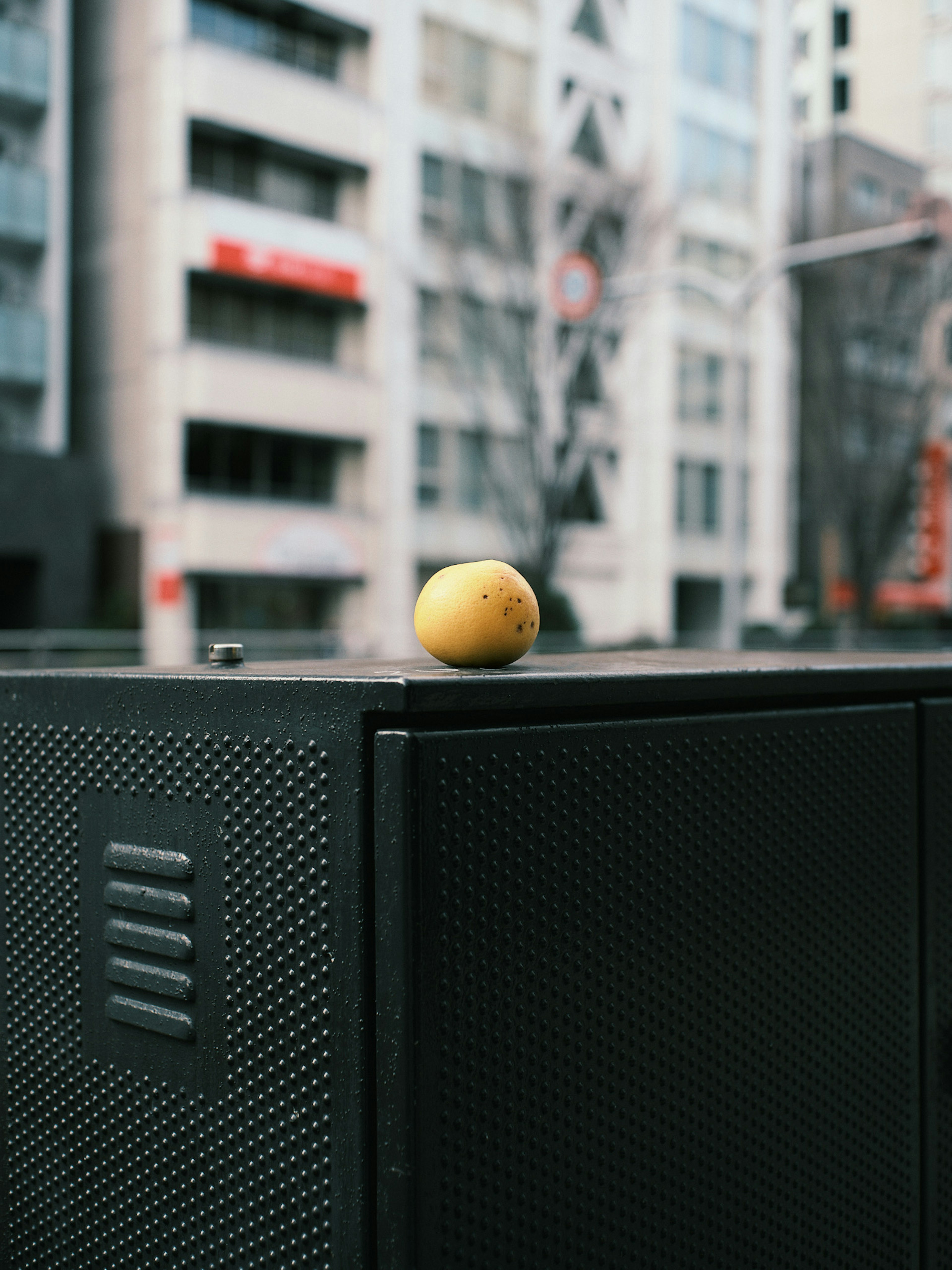 Yellow fruit resting on a black box with urban buildings in the background