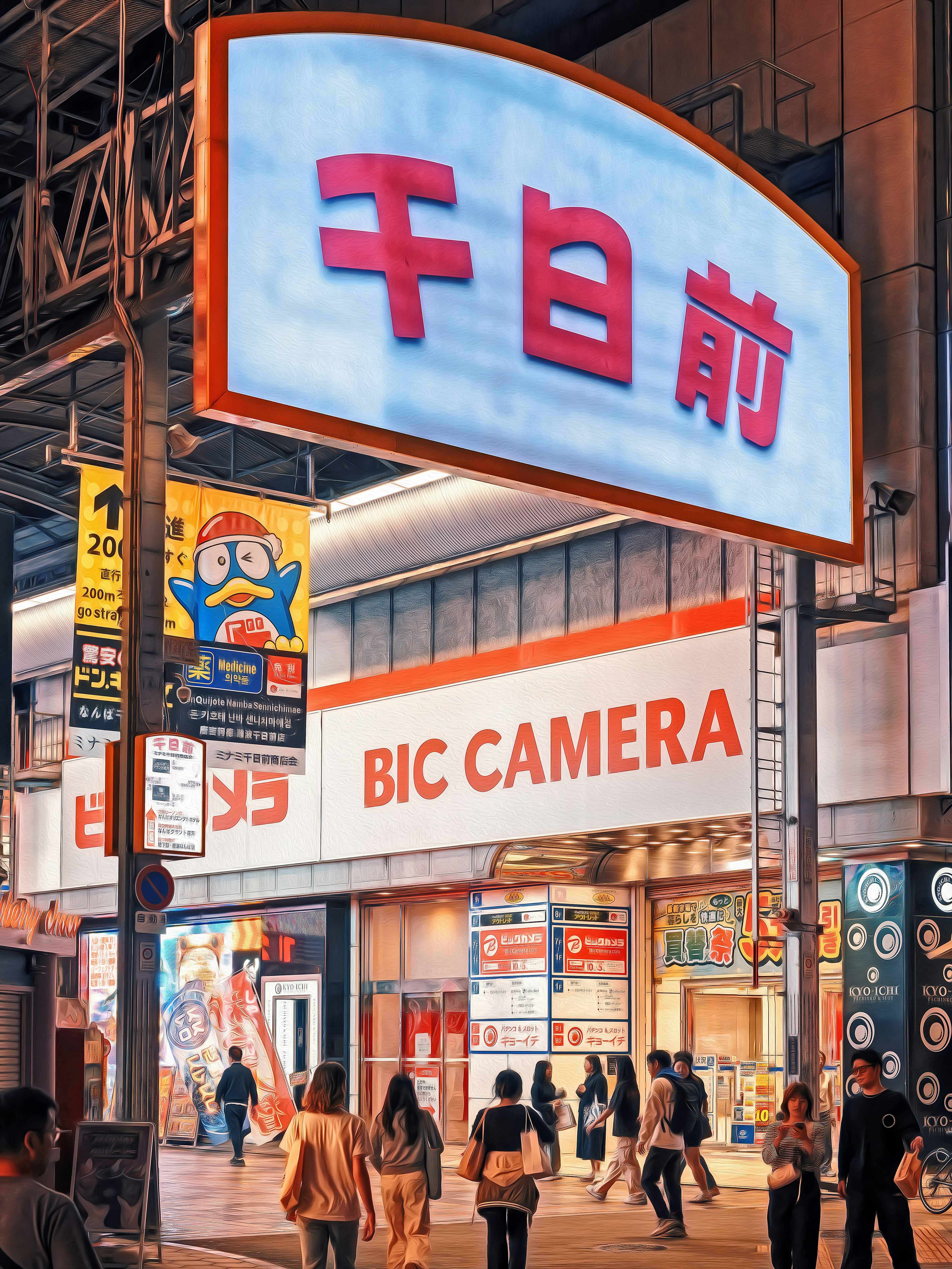 번화한 거리와 Bic Camera 간판과 걷는 사람들