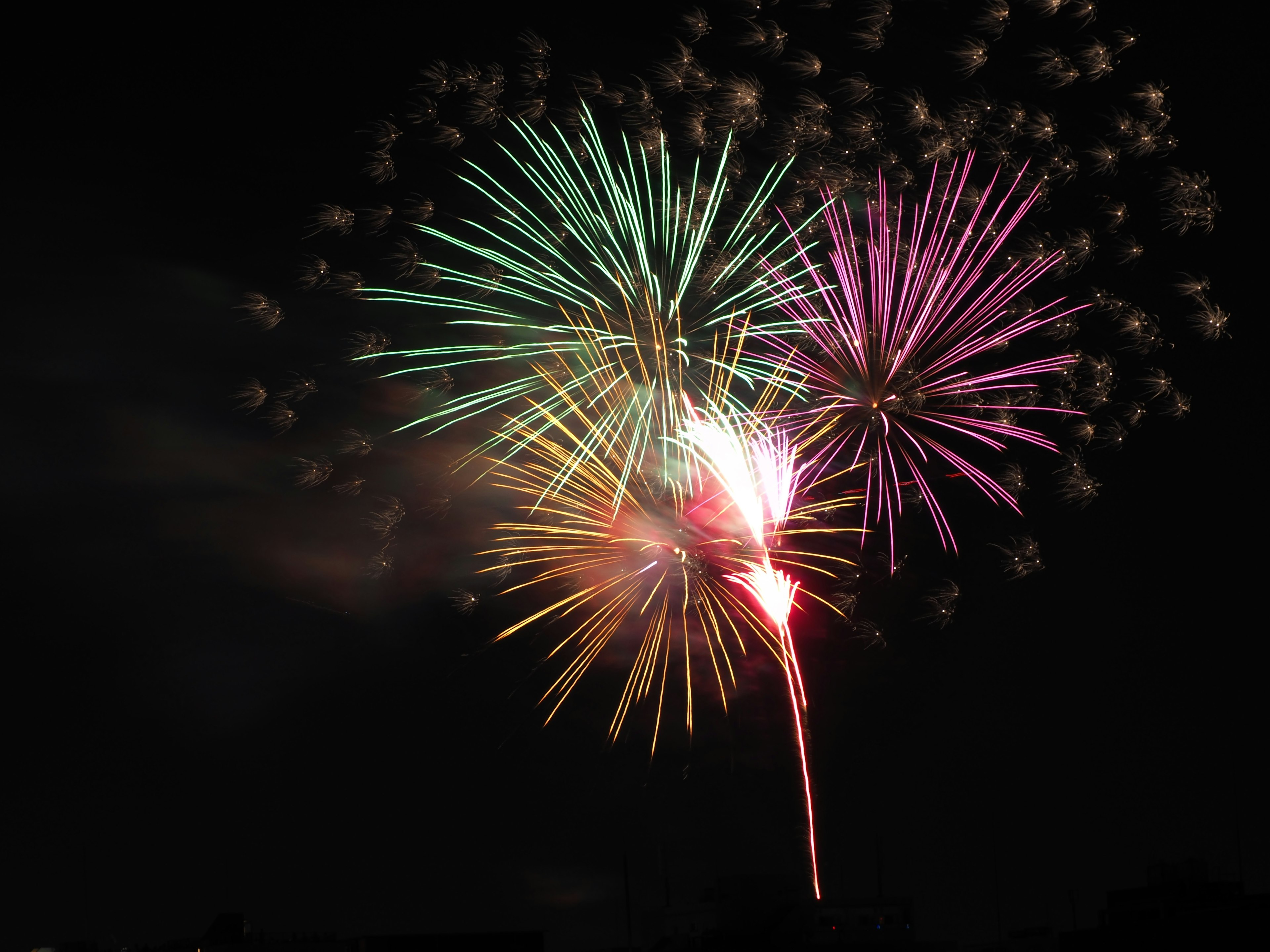 Fuegos artificiales coloridos estallando en el cielo nocturno