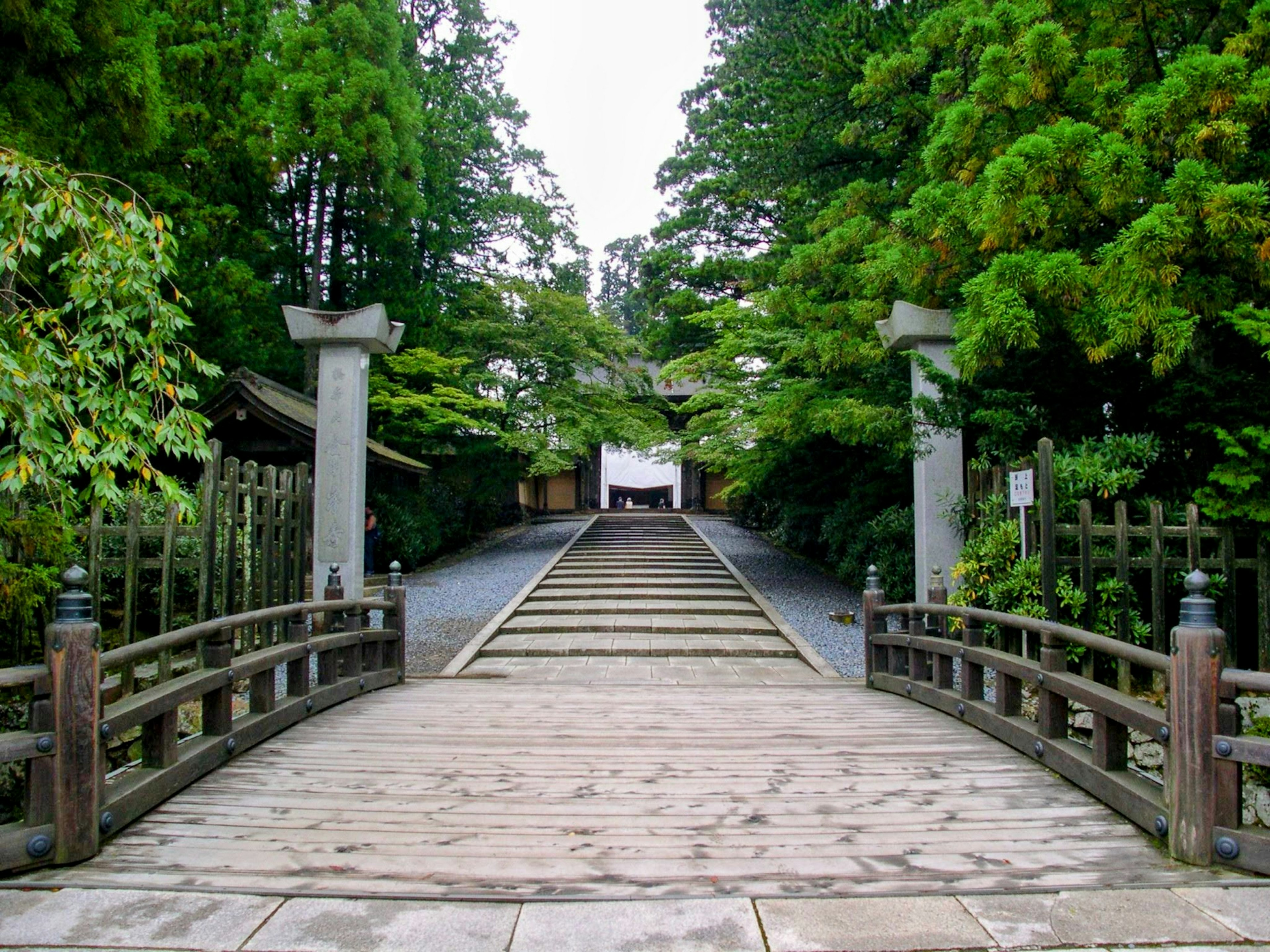 木製の橋と緑豊かな木々が広がる道の先に神社の入り口が見える風景