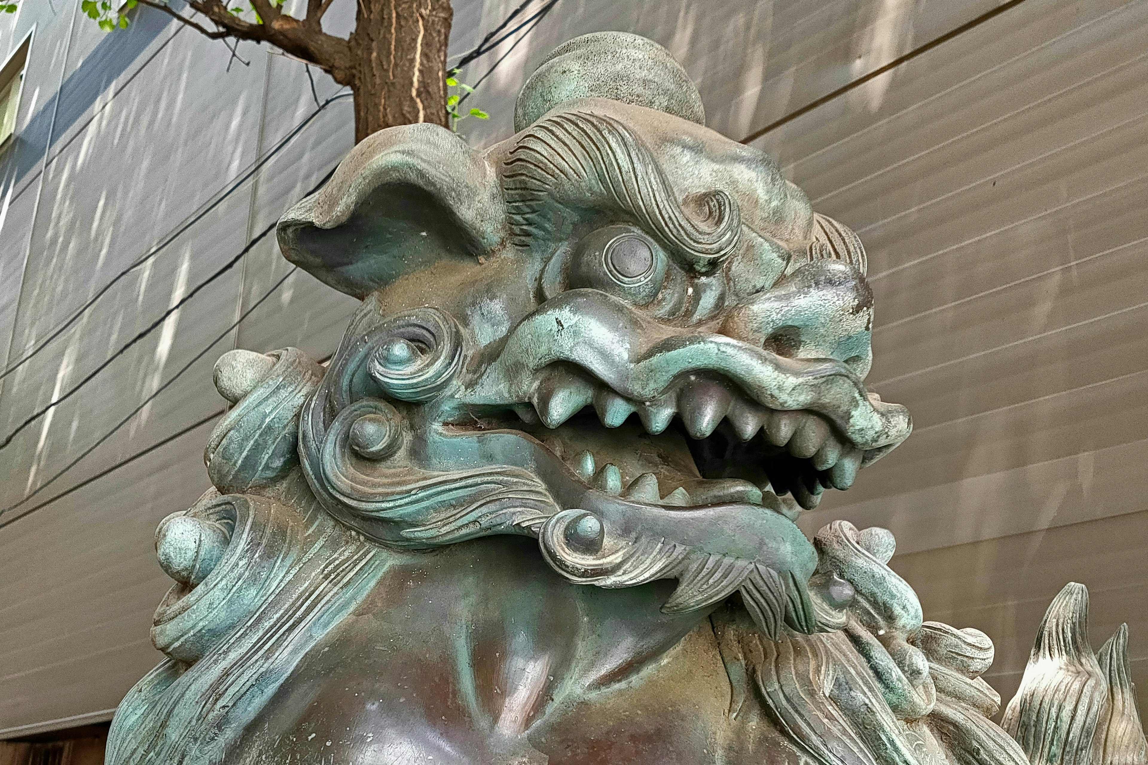 Bronze lion statue head with fierce expression