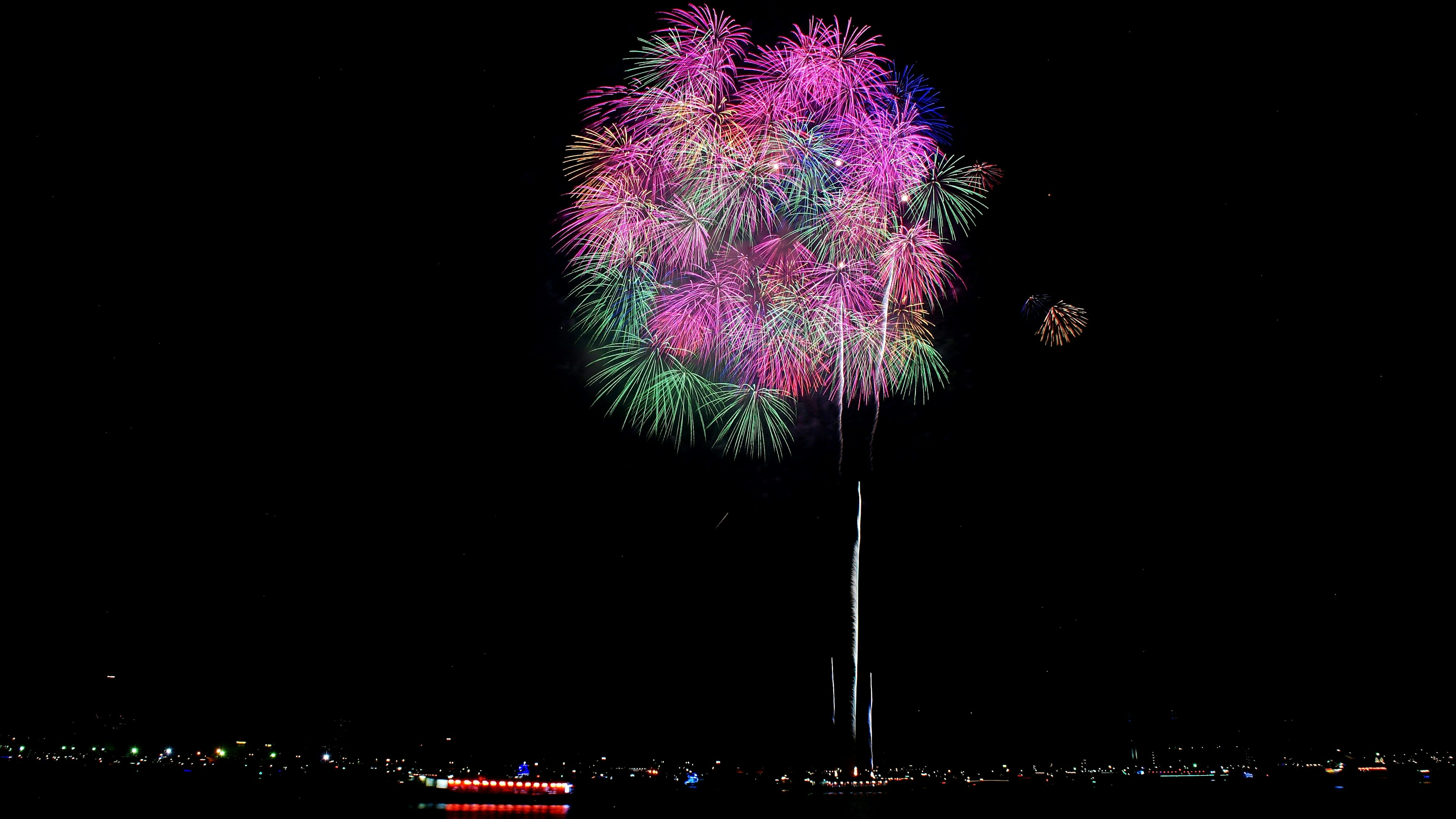 Spettacolo di fuochi d'artificio colorati che fioriscono nel cielo notturno con belle tonalità e forme