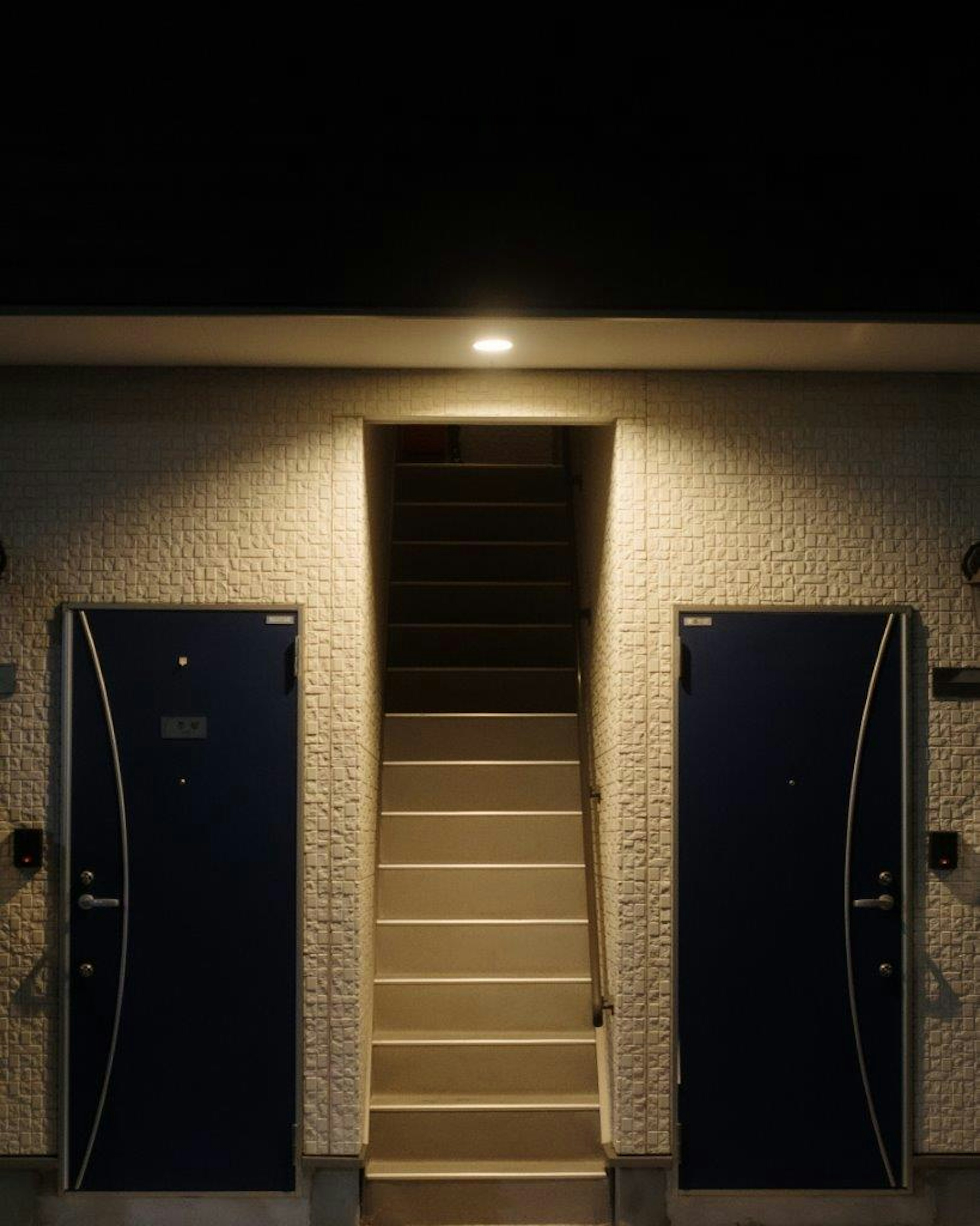 Photo of a dimly lit hallway featuring two blue doors and a staircase