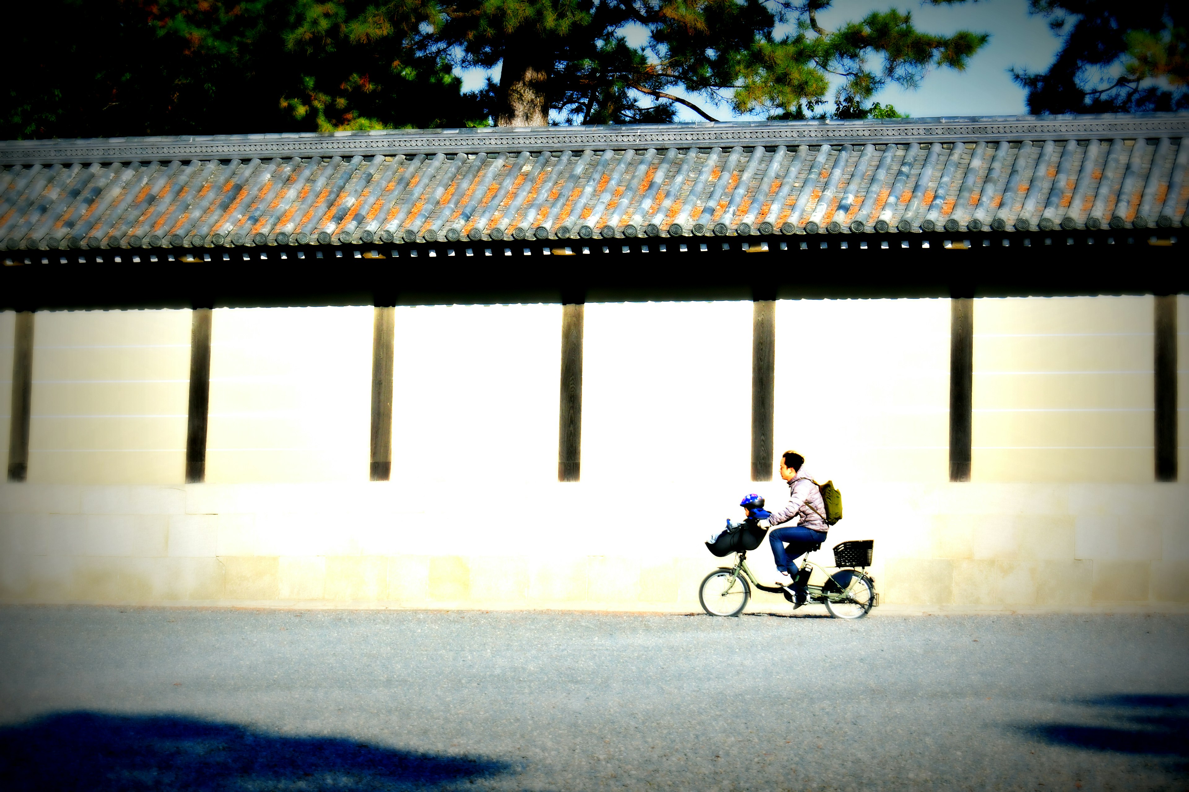 A person riding a bicycle alongside a traditional wall