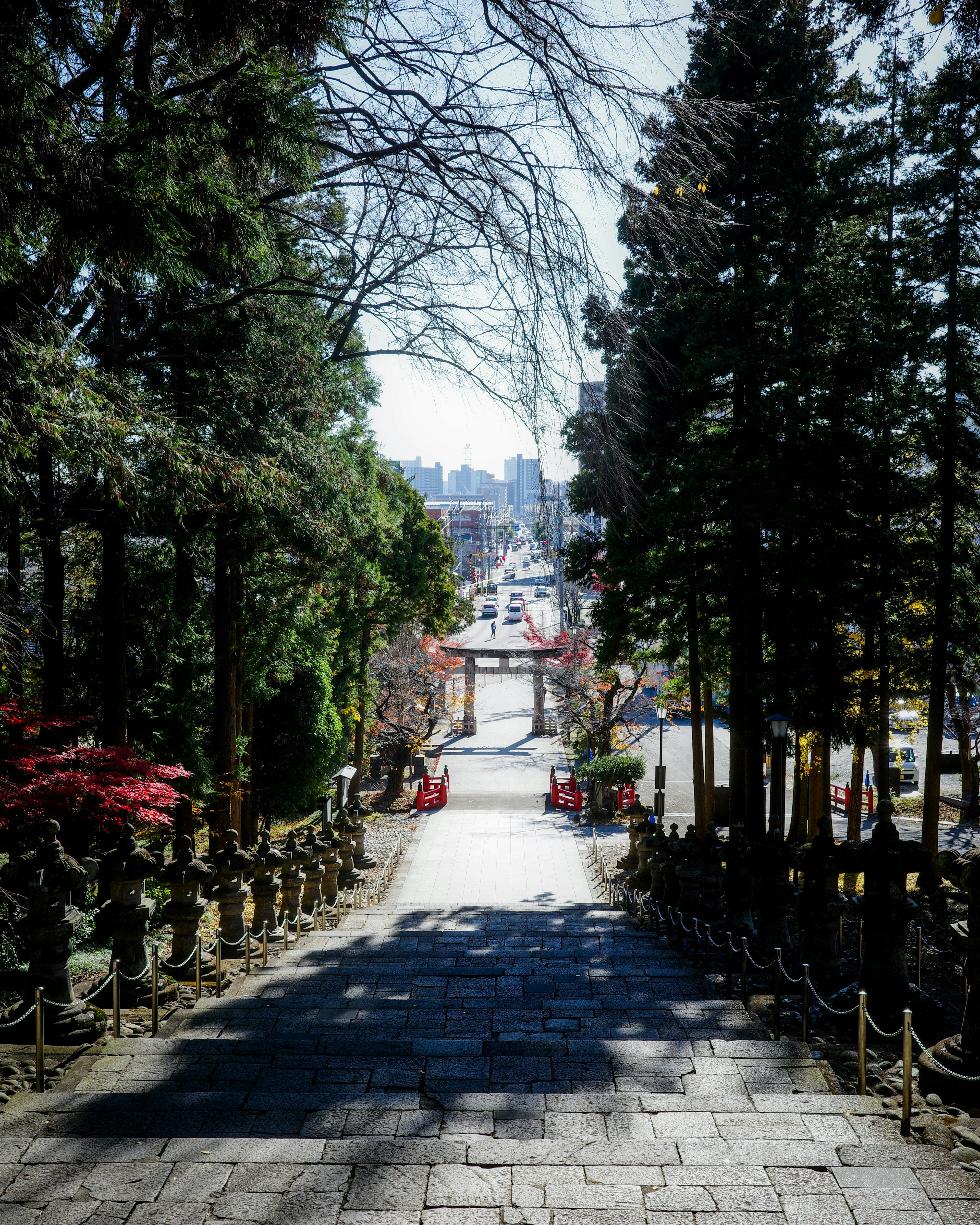 Stone steps leading towards a distant city view surrounded by green trees