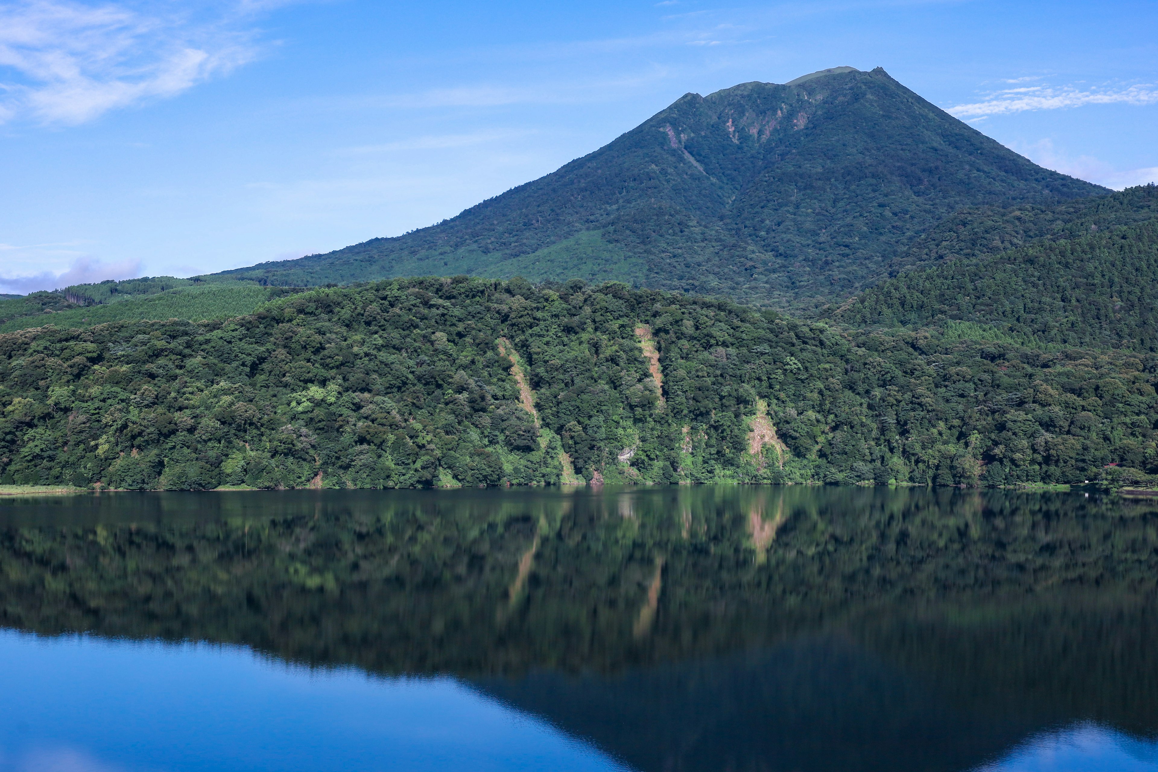 ทะเลสาบสวยงามสะท้อนภูเขาและท้องฟ้าสีฟ้า