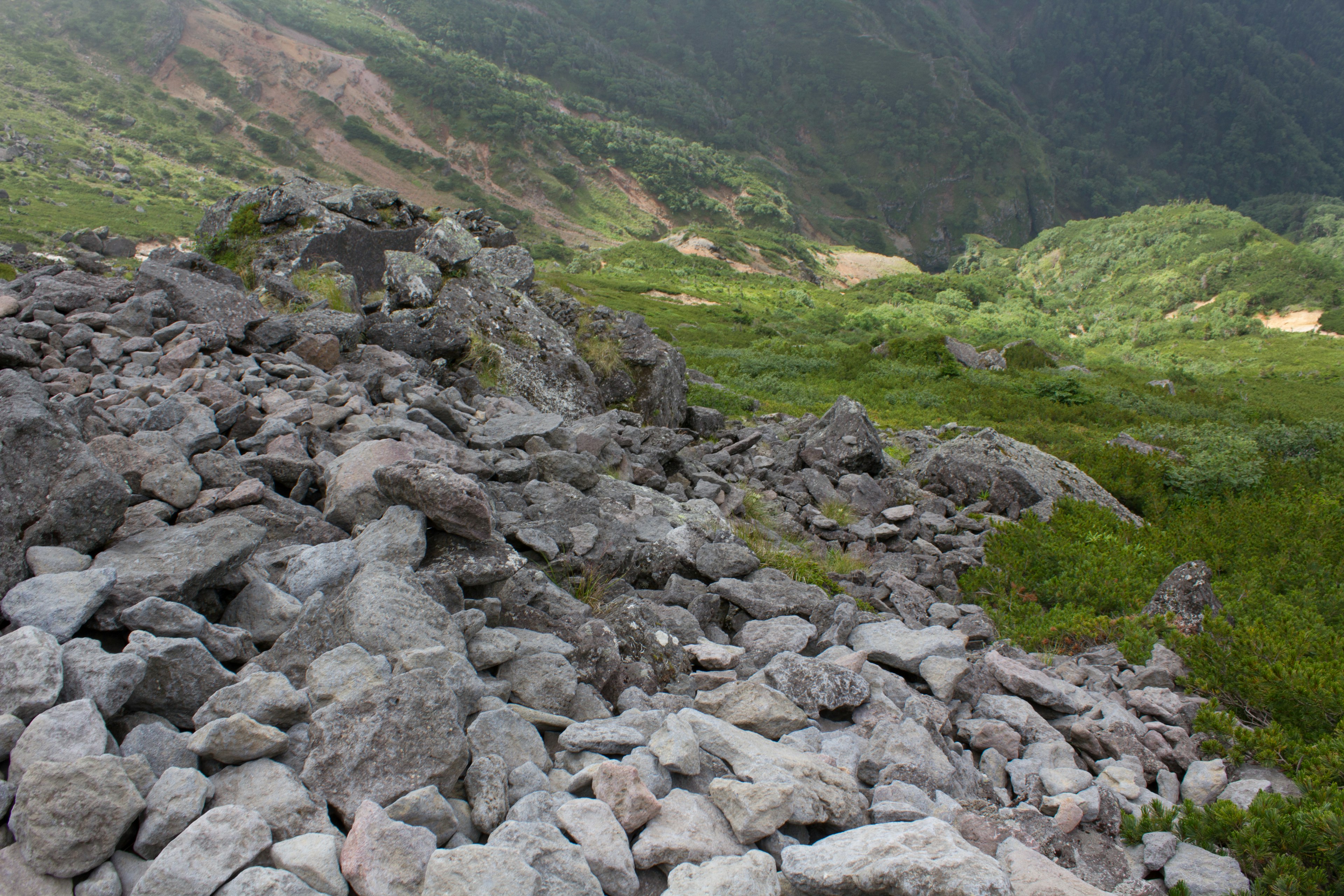 Tanah berbatu di lereng gunung dengan padang rumput hijau