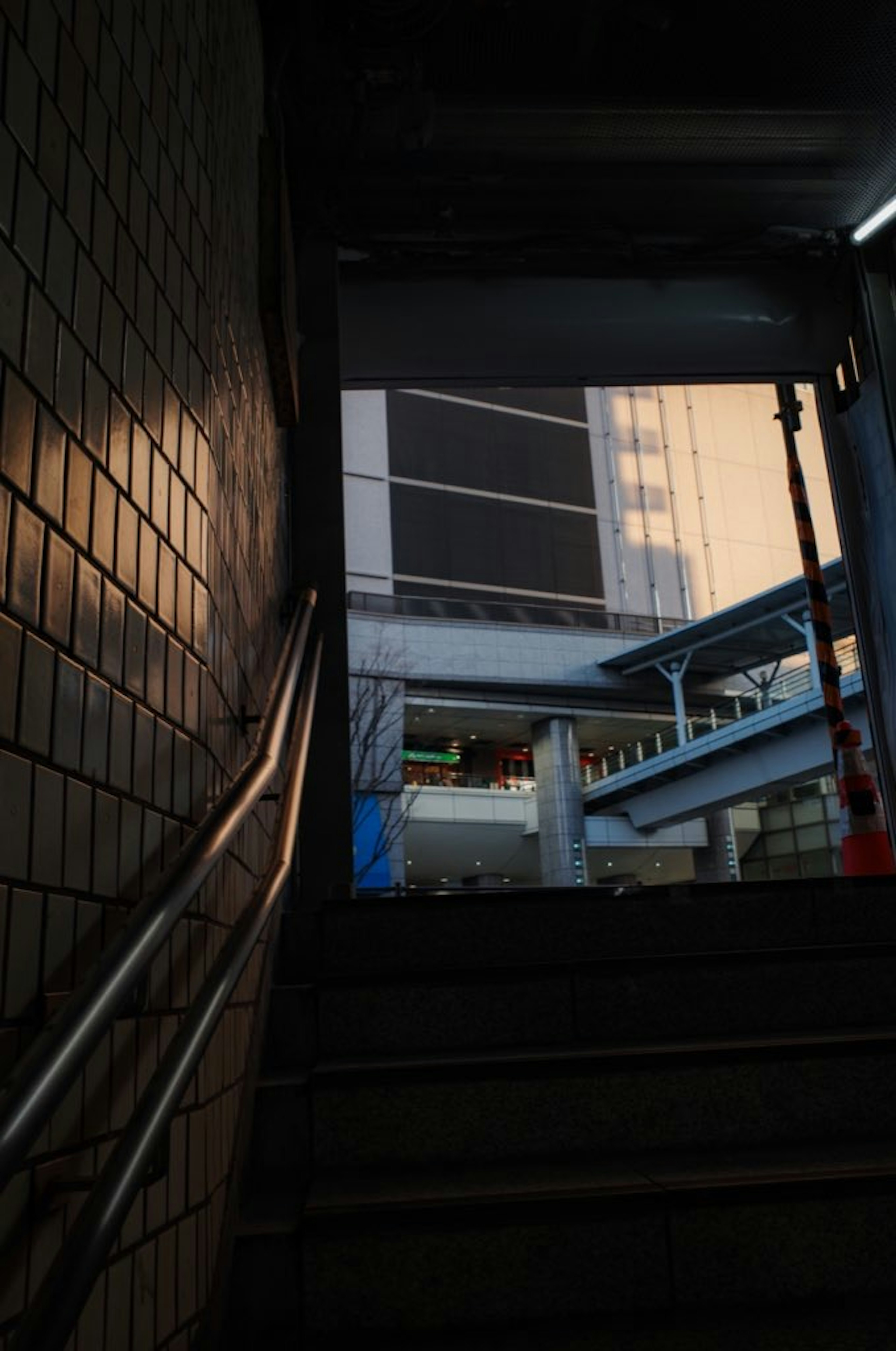 View from the bottom of stairs showing a building and handrail