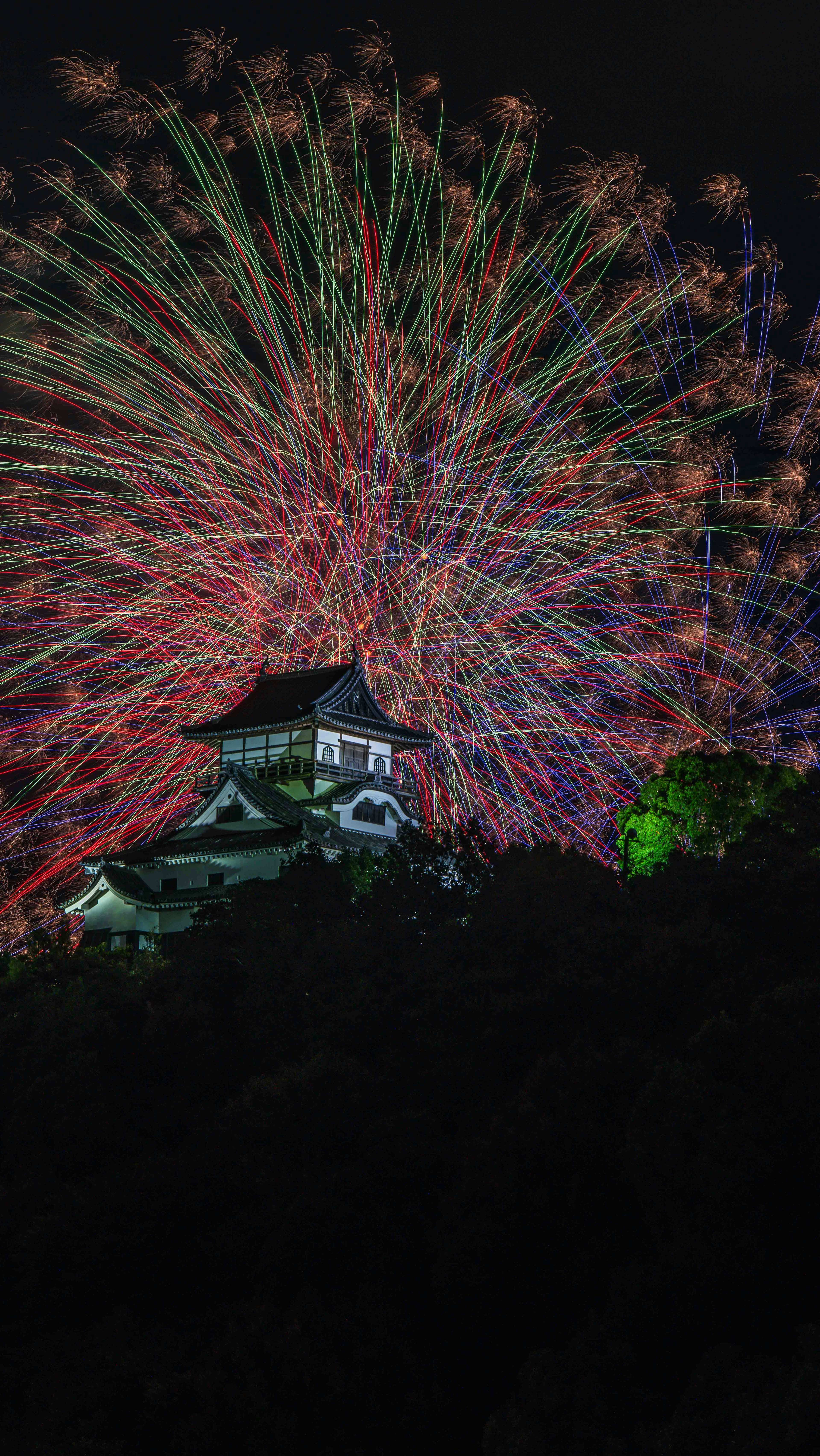 夜空に広がる色とりどりの花火とお城のシルエット