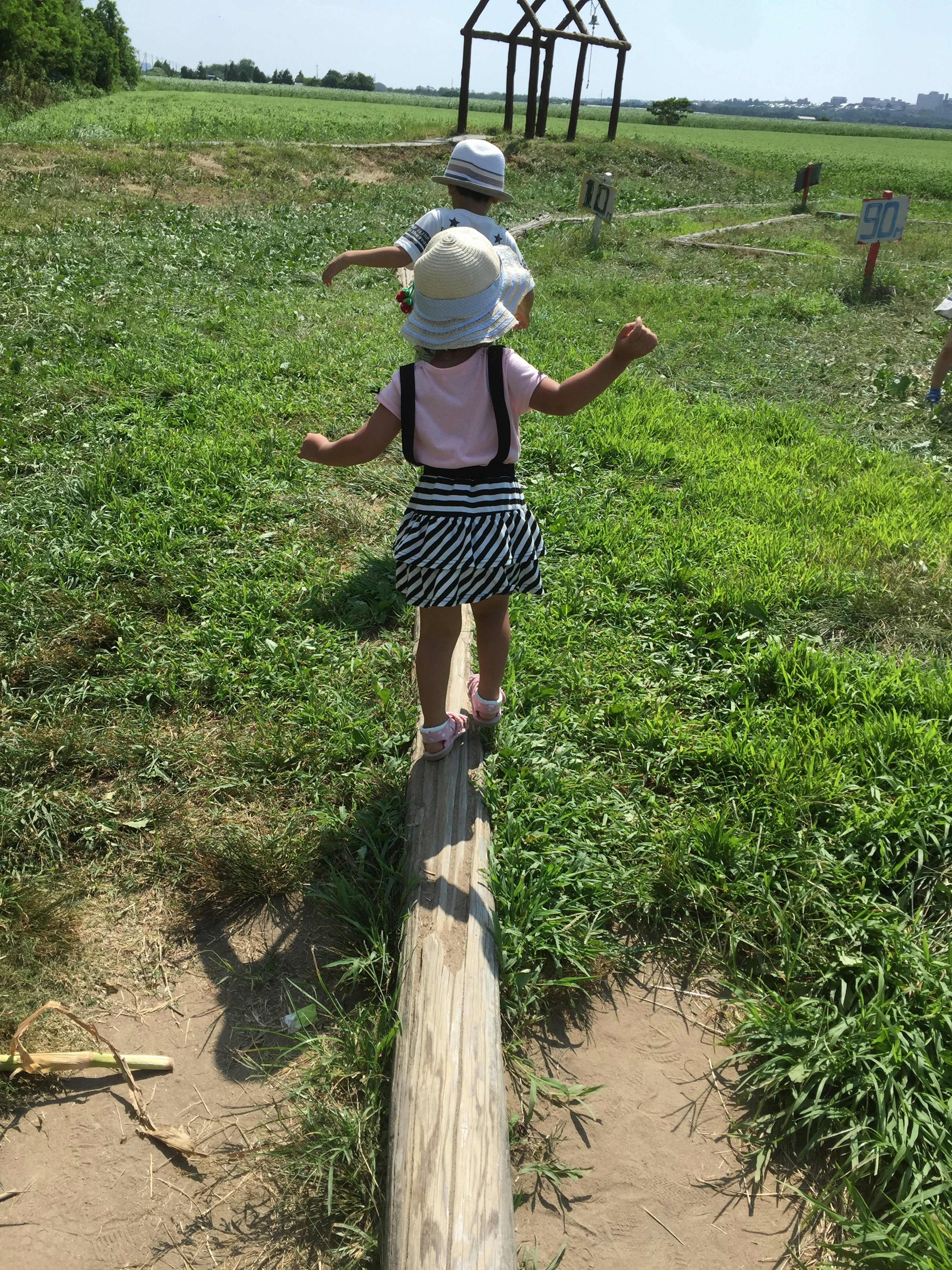 Bambini che camminano su un tronco di legno in un campo erboso