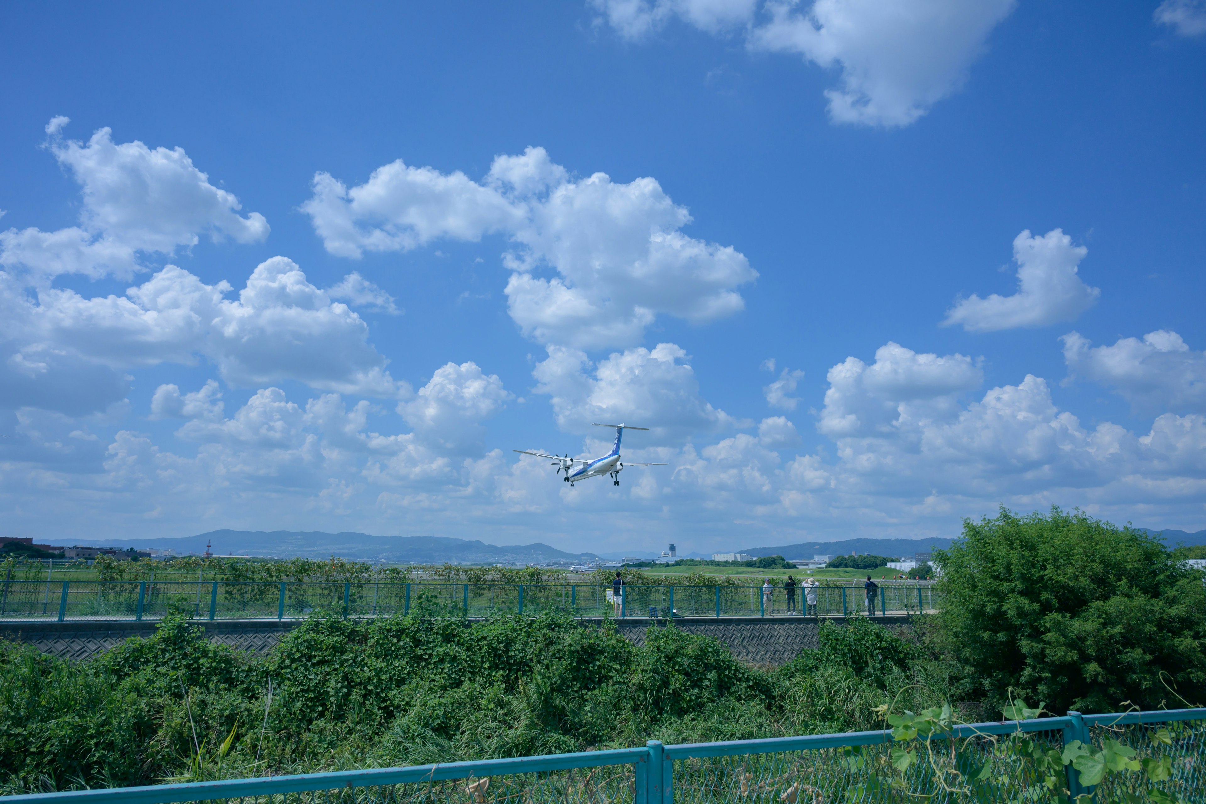 A plane flying under a blue sky with fluffy clouds lush greenery and a river visible