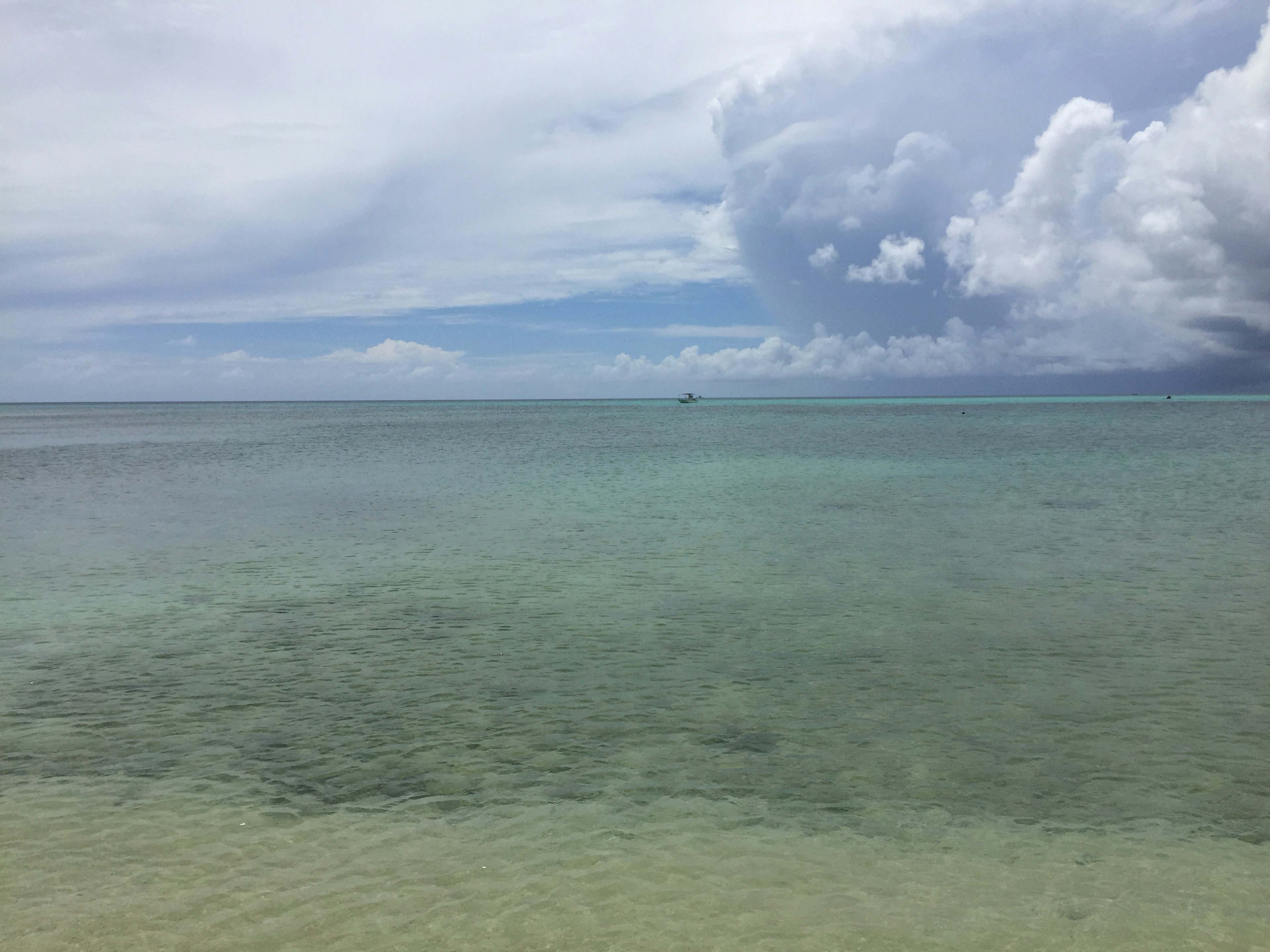 Vista serena di un mare calmo sotto un cielo nuvoloso