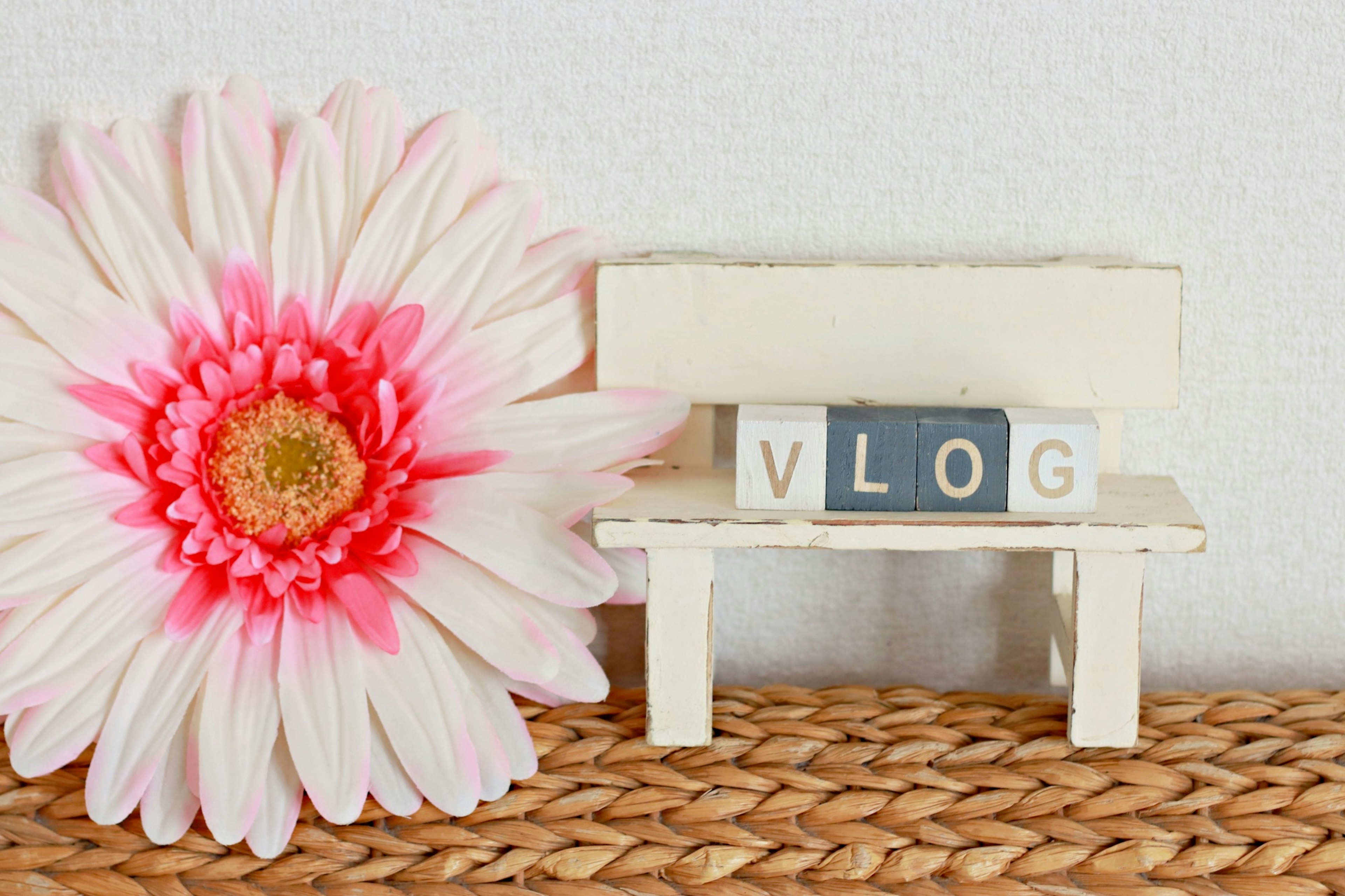 Un petit banc blanc avec le mot 'VLOG' en lettres de bloc à côté d'une fleur rose