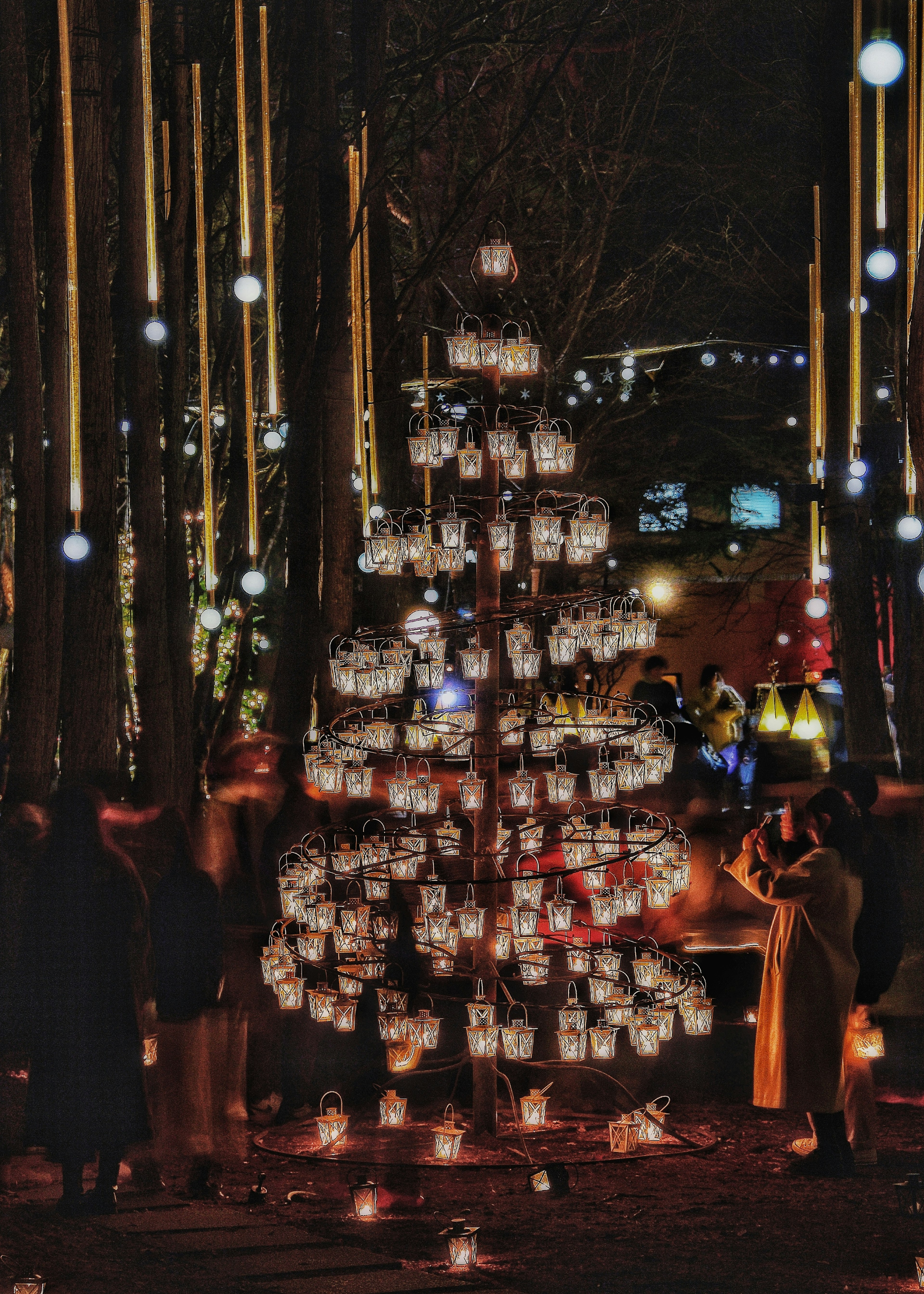 Pohon lampion menawan dipajang di malam hari dengan orang-orang berkumpul