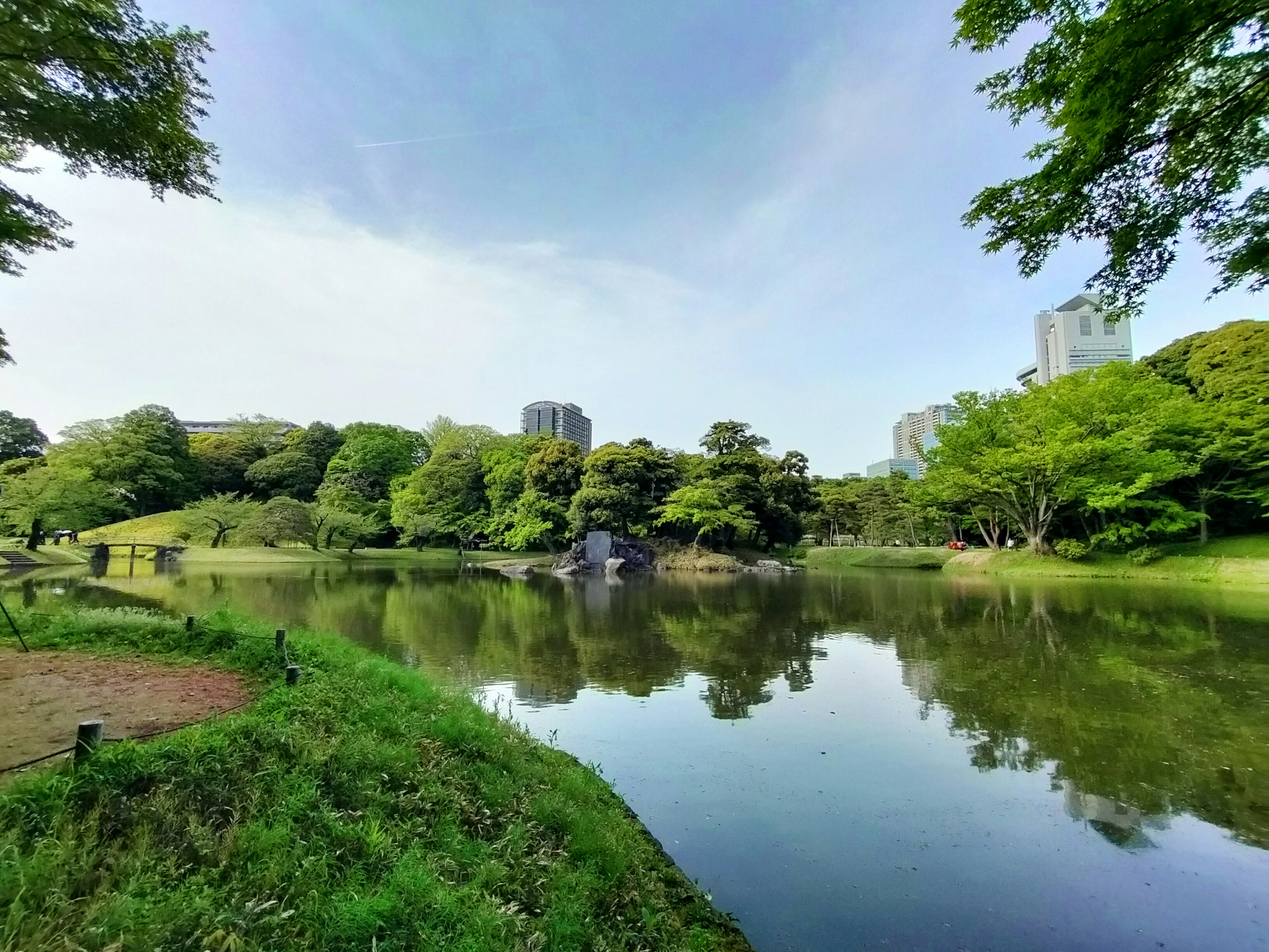 Paisaje de parque frondoso con un lago tranquilo y siluetas de edificios altos bajo un cielo azul