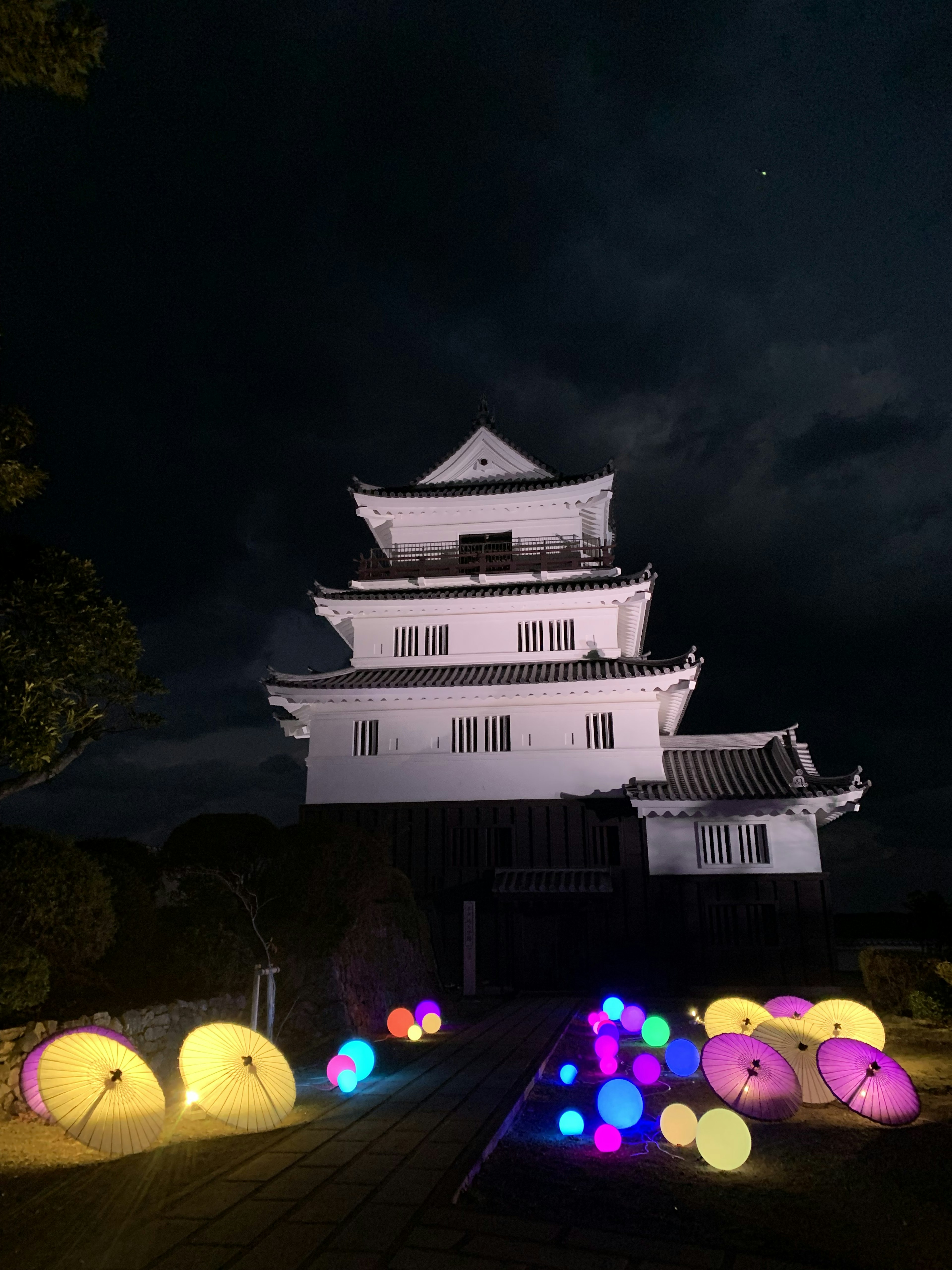 Castillo iluminado de noche con instalaciones de luces coloridas