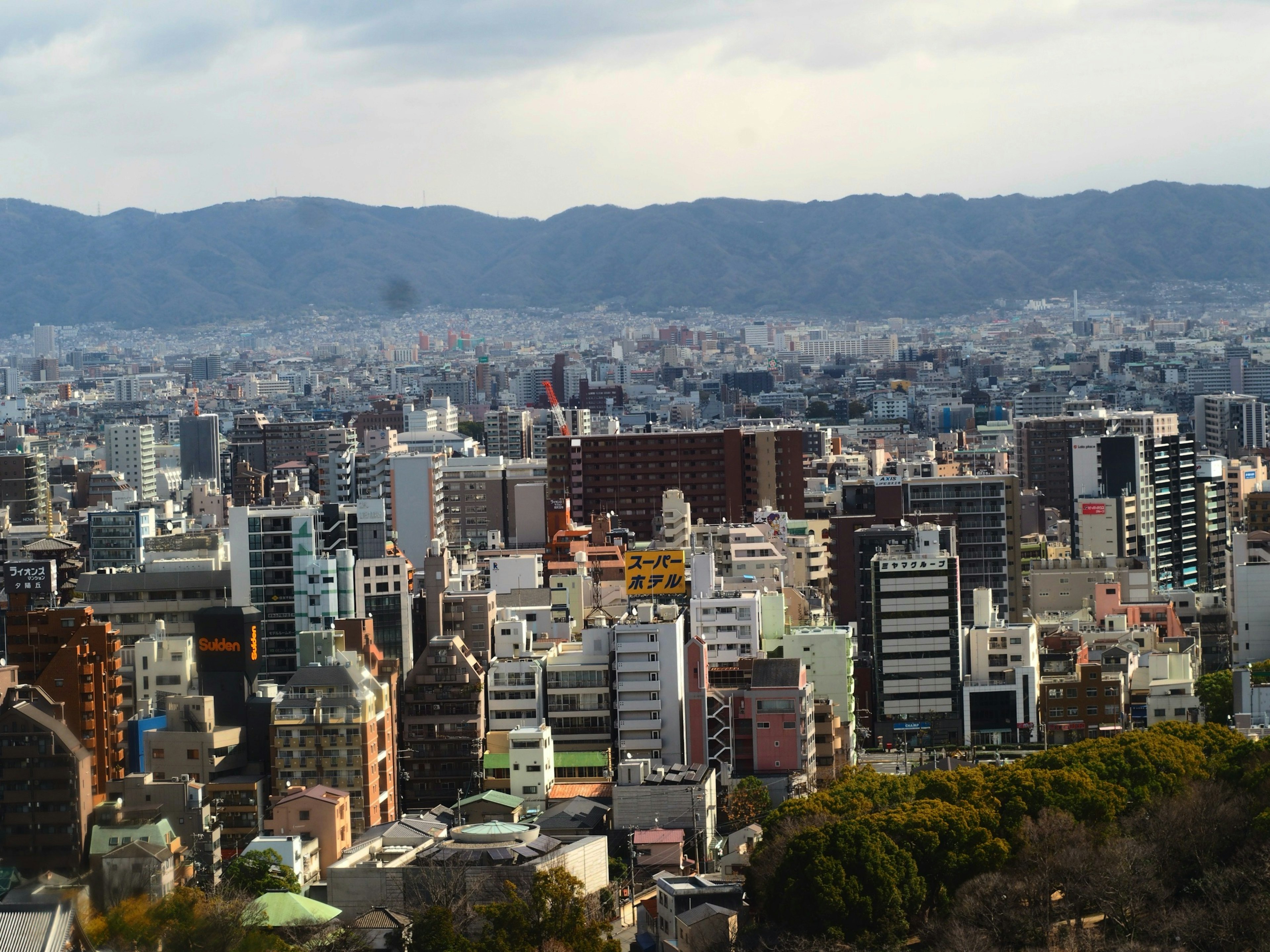 Vista panorámica de la ciudad con rascacielos y montañas