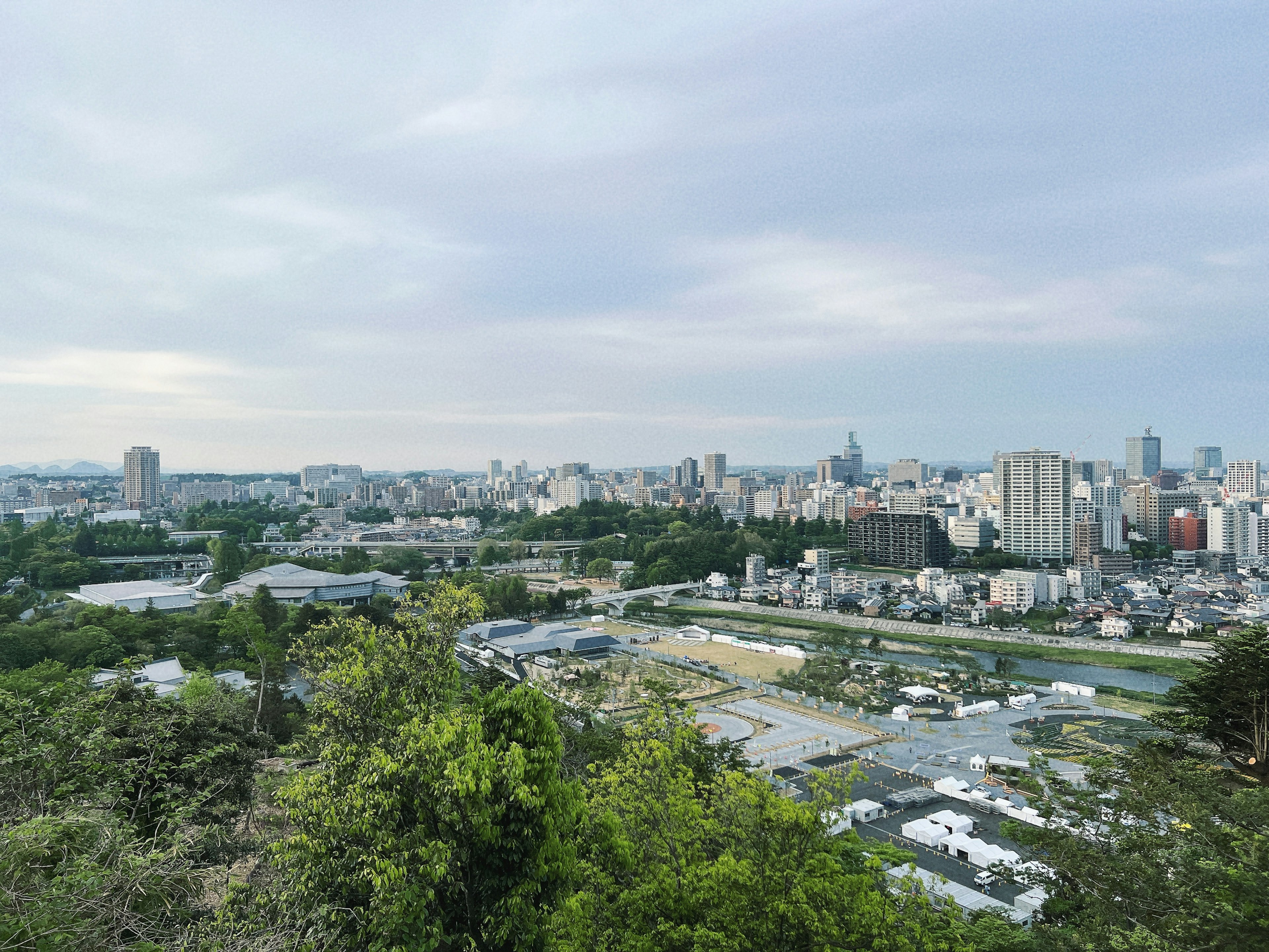 城市景觀與自然融合的綠色山丘視角