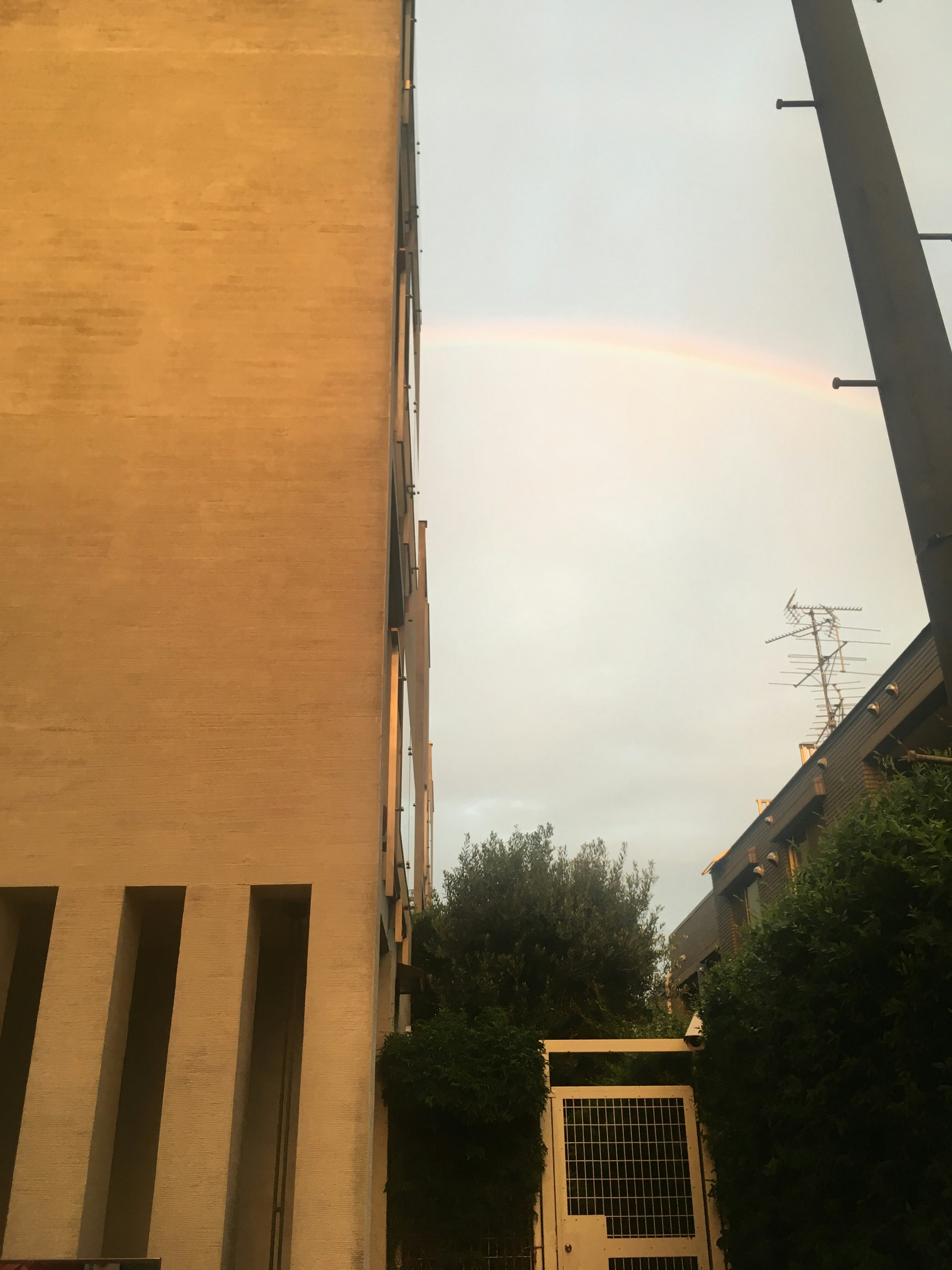 A rainbow visible between buildings under a cloudy sky