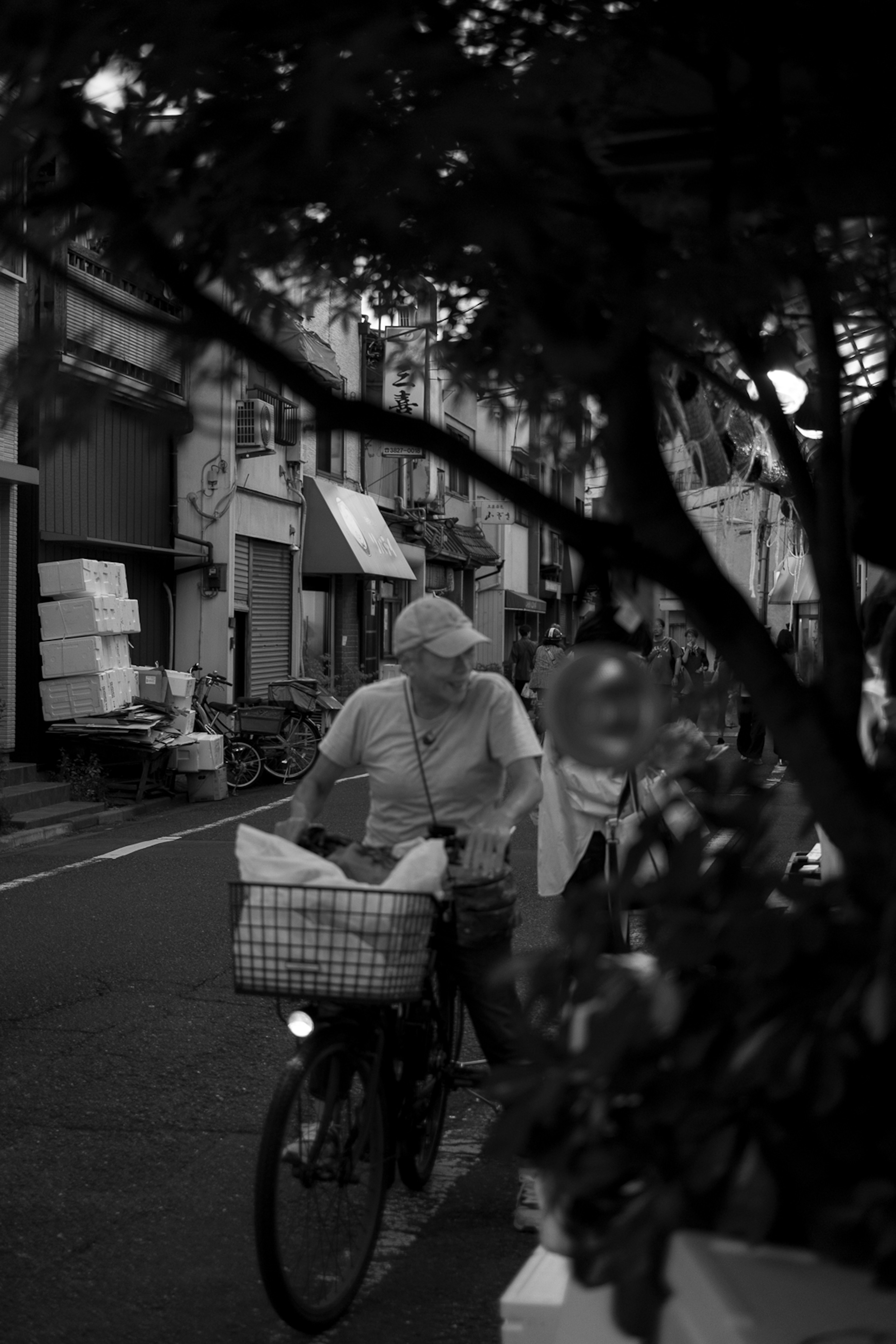 骑自行车的老人和城市街景