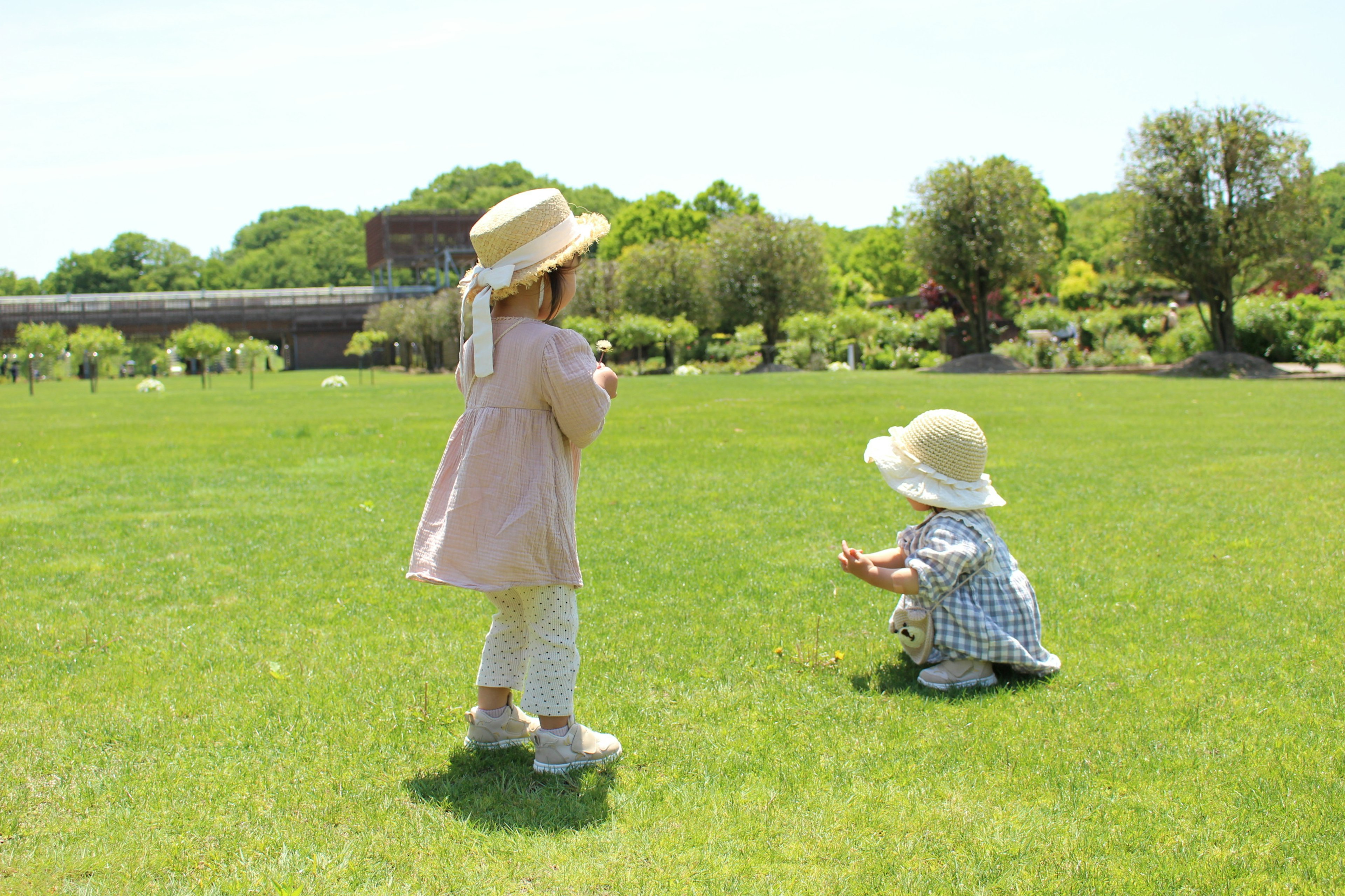 Deux enfants jouant sur de l'herbe verte l'un portant une robe rose et un chapeau l'autre en tenue à carreaux