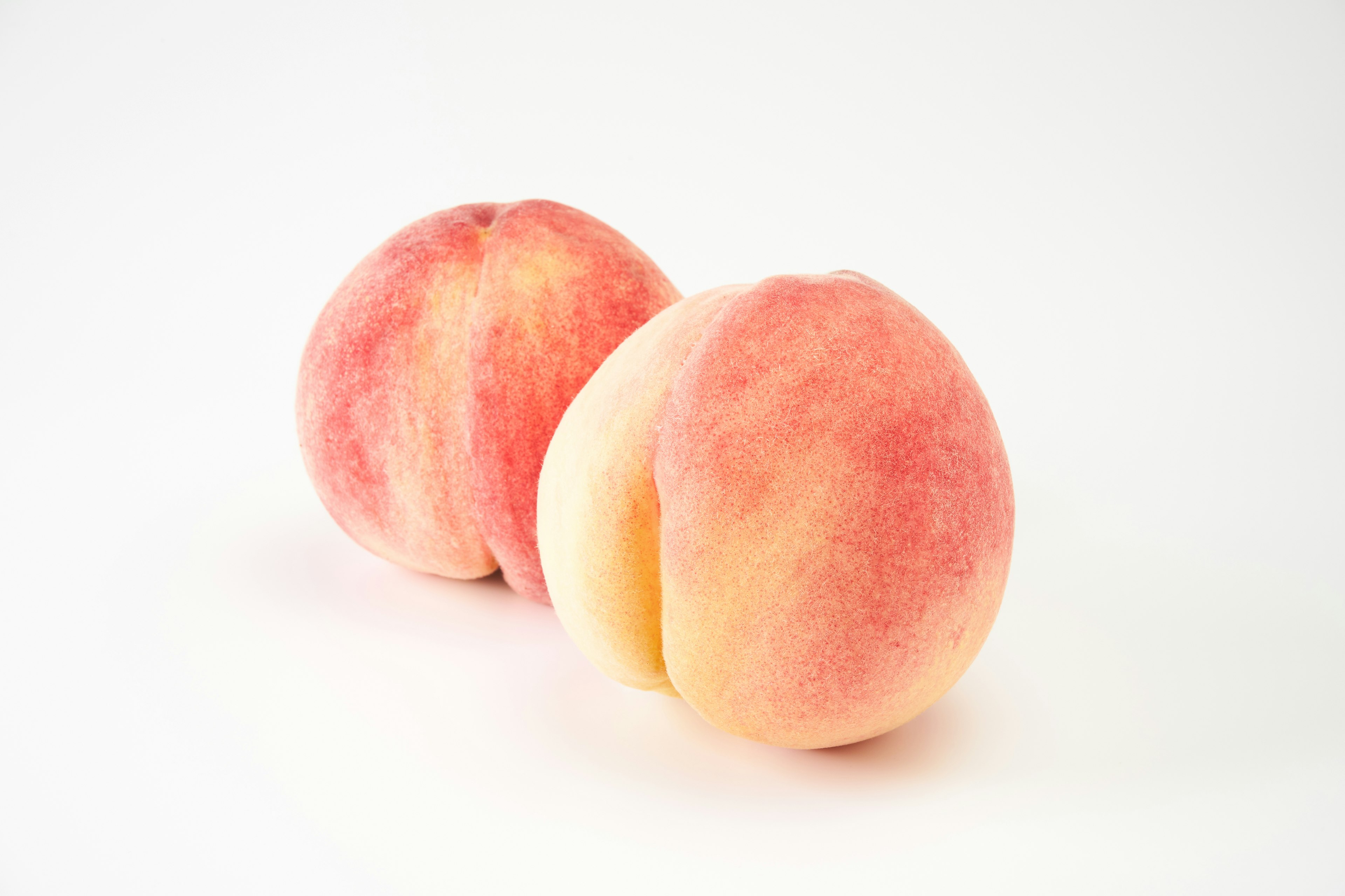 Two peaches placed on a white background